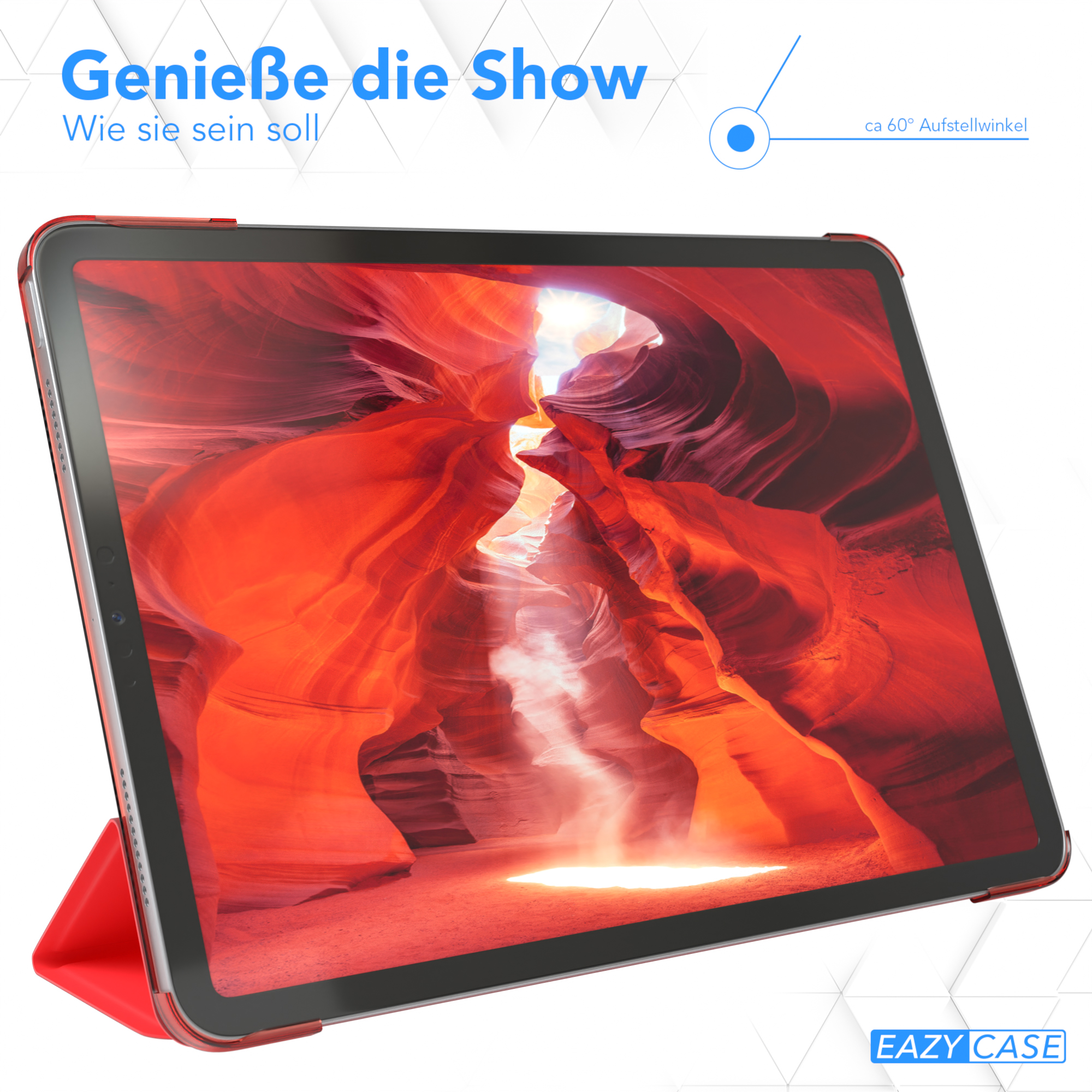 Ein Tablet in roter Hülle, das ein Bild zeigt, mit Text und einem Winkelanzeiger.