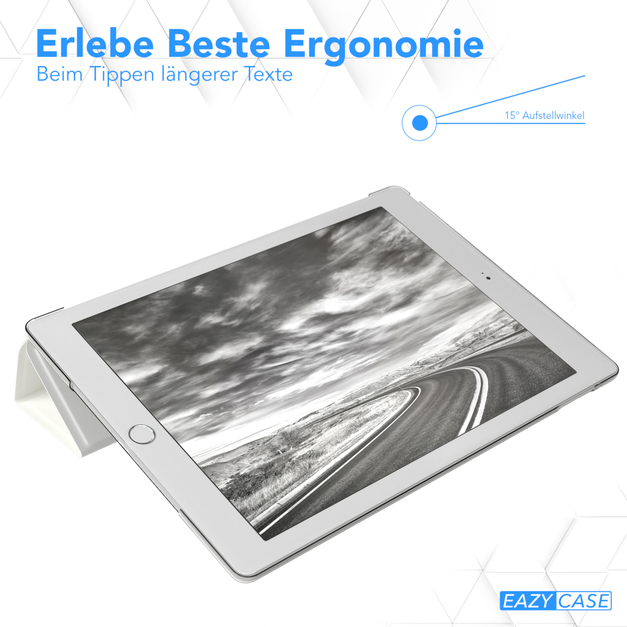 Ein Tablet auf einem weißen Ständer, mit einem Landschaftsbild auf dem Bildschirm. Ein blauer Kreis zeigt den Winkel an.