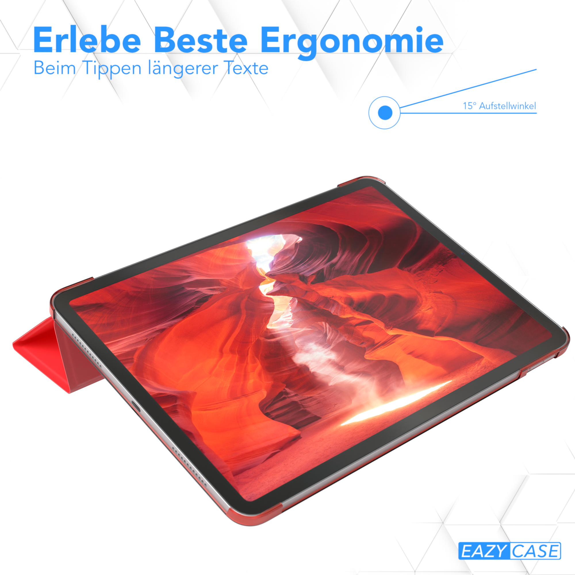 Eine rote Tablethülle mit offenem Deckel, die den Tablettbildschirm zeigt. Text über Ergonomie ist vorhanden.