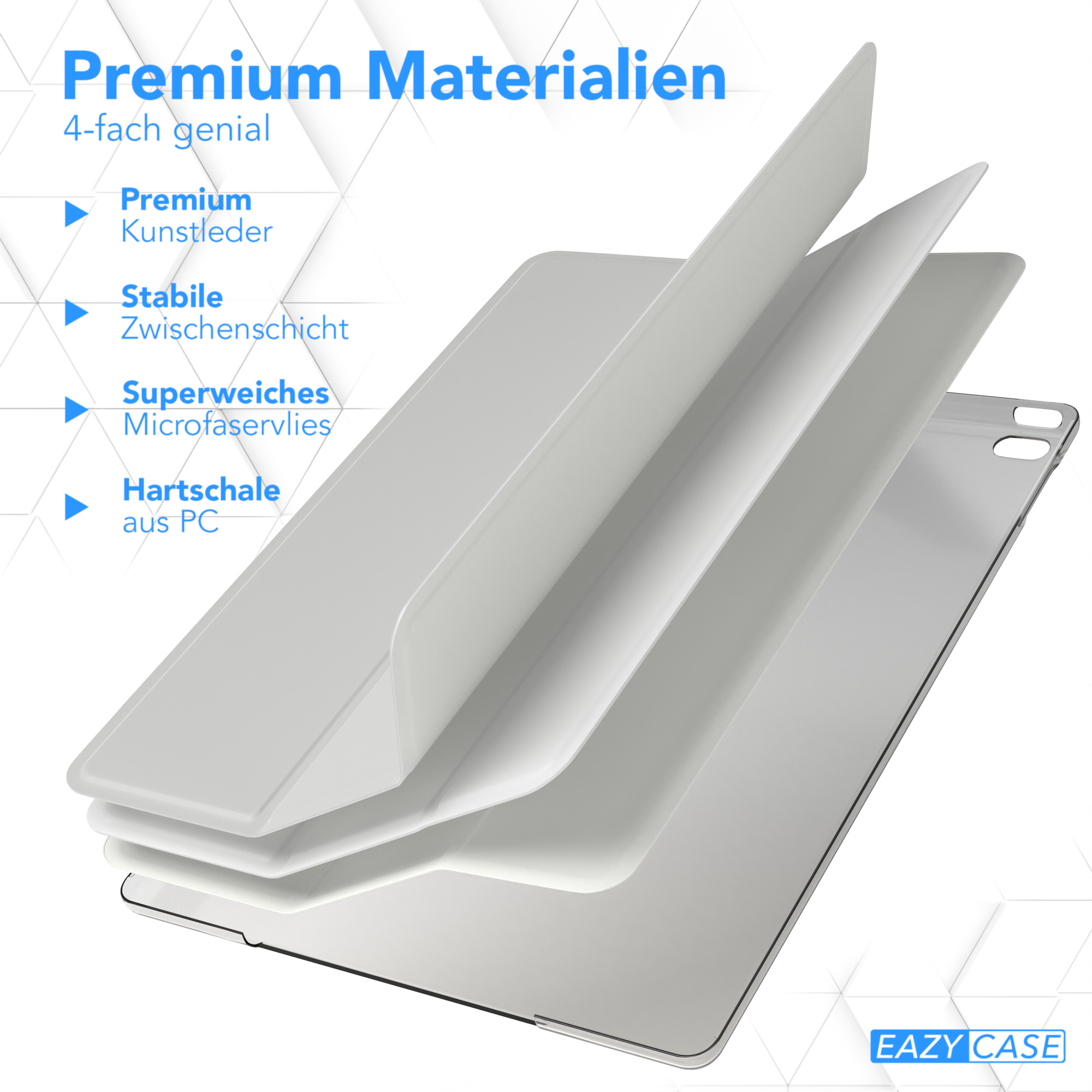 iPad-Hüllenschichten, die Premium-Materialien zeigen: Premium-Leder, stabile Schicht, Mikrofaser und PC.