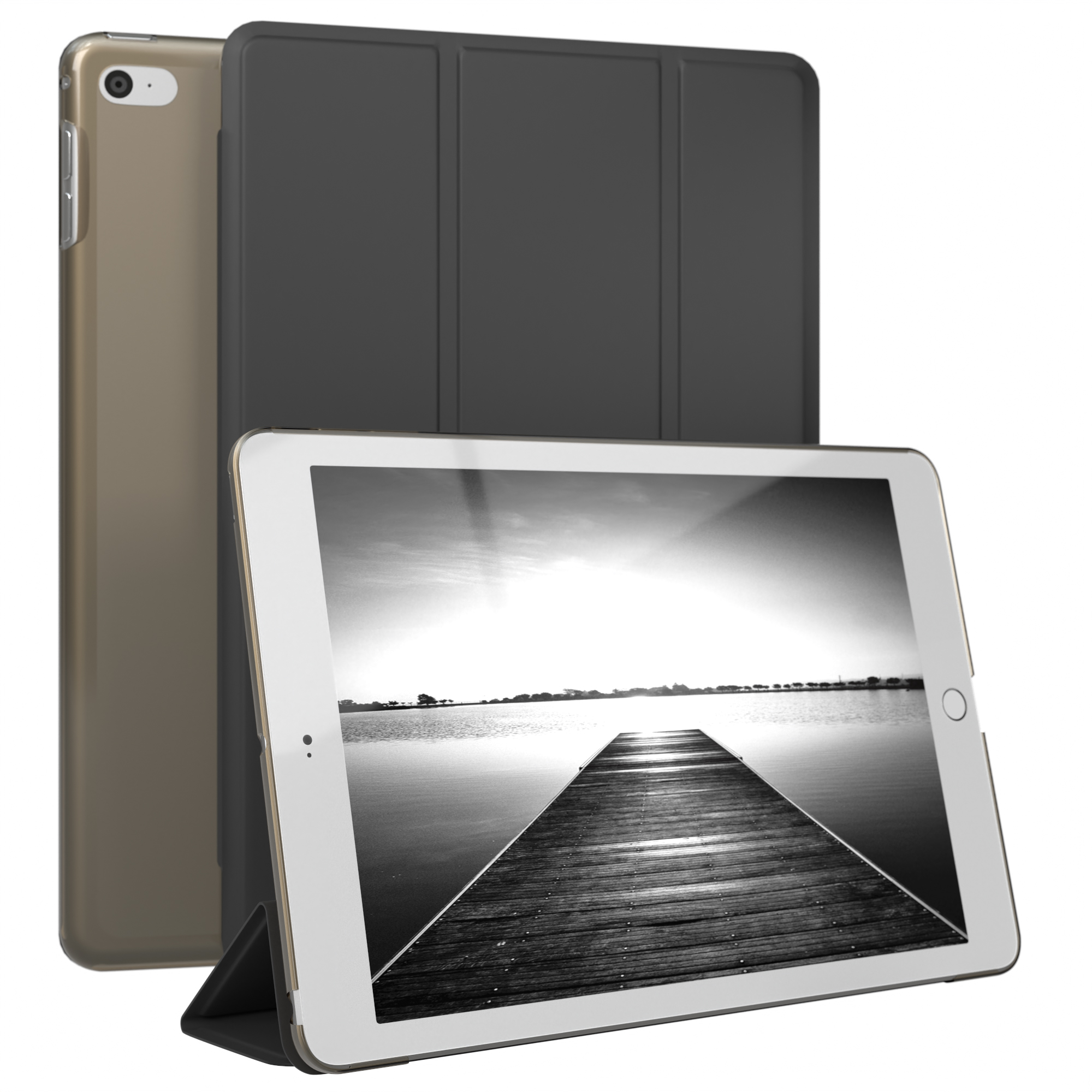 Tablet mit Hülle. Foto eines Piers auf dem Bildschirm. Eine weitere Hülle dahinter.