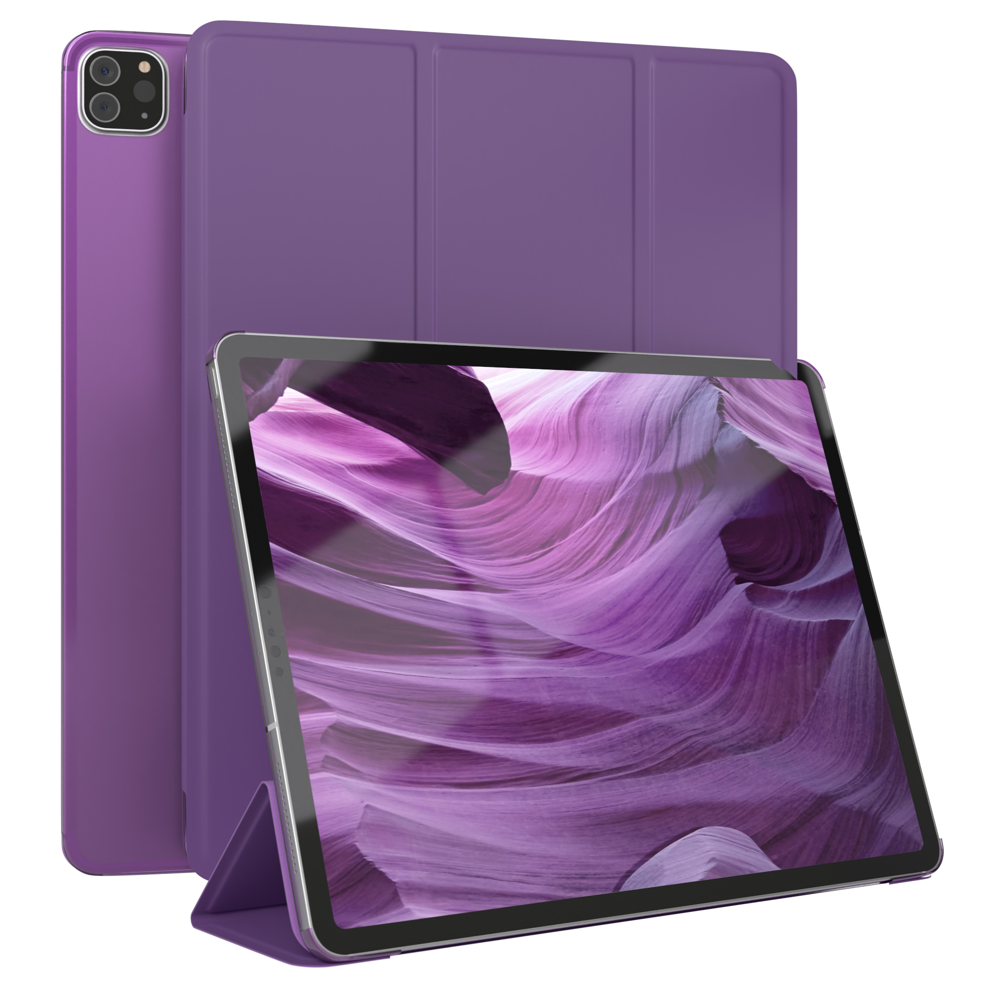 Lila iPad mit Hülle, Bildschirm mit lila abstrakter Kunst und ein weiteres iPad im Hintergrund.
