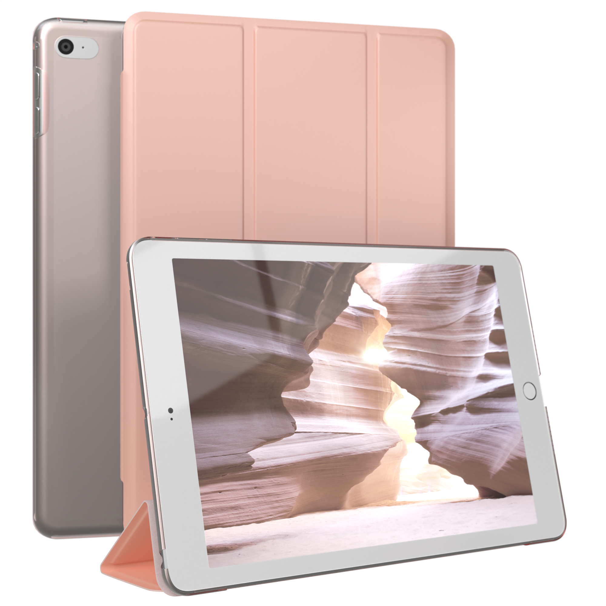 Tablet-Computer mit Hülle. Der Bildschirm zeigt ein Bild eines Canyons. Die Hülle ist rosa.