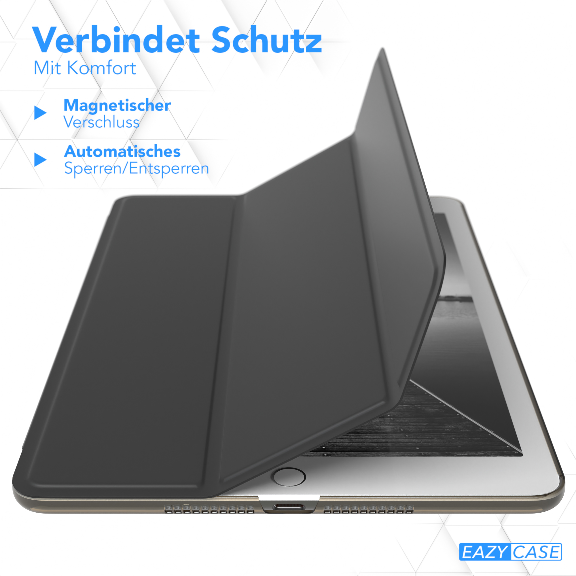 Schwarzes Tablet mit teilweise geöffneter Hülle. Text: 'Vereint Schutz'. Merkmale: Magnetverschluss, Auto-Lock/Unlock.