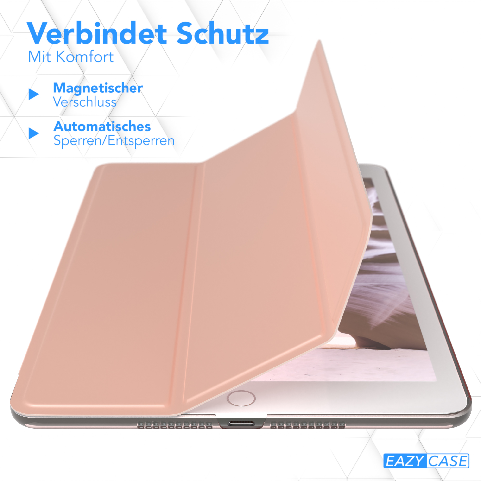 Ein Tablet mit Hülle, teilweise geöffnet, zeigt den Bildschirm und das Innere der Hülle.