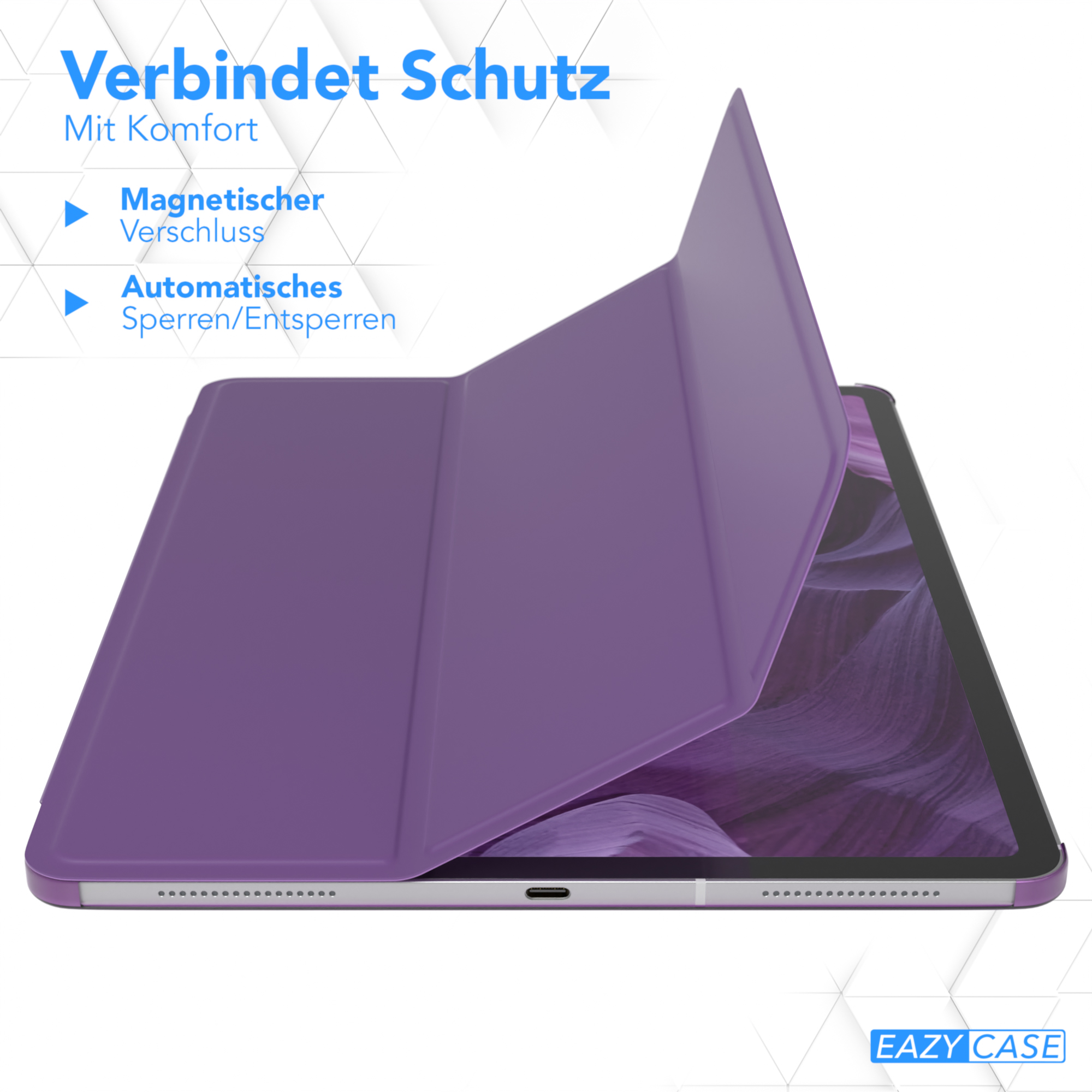Lila Tablethülle offen, zeigt Tablet-Bildschirm, Text auf Deutsch.