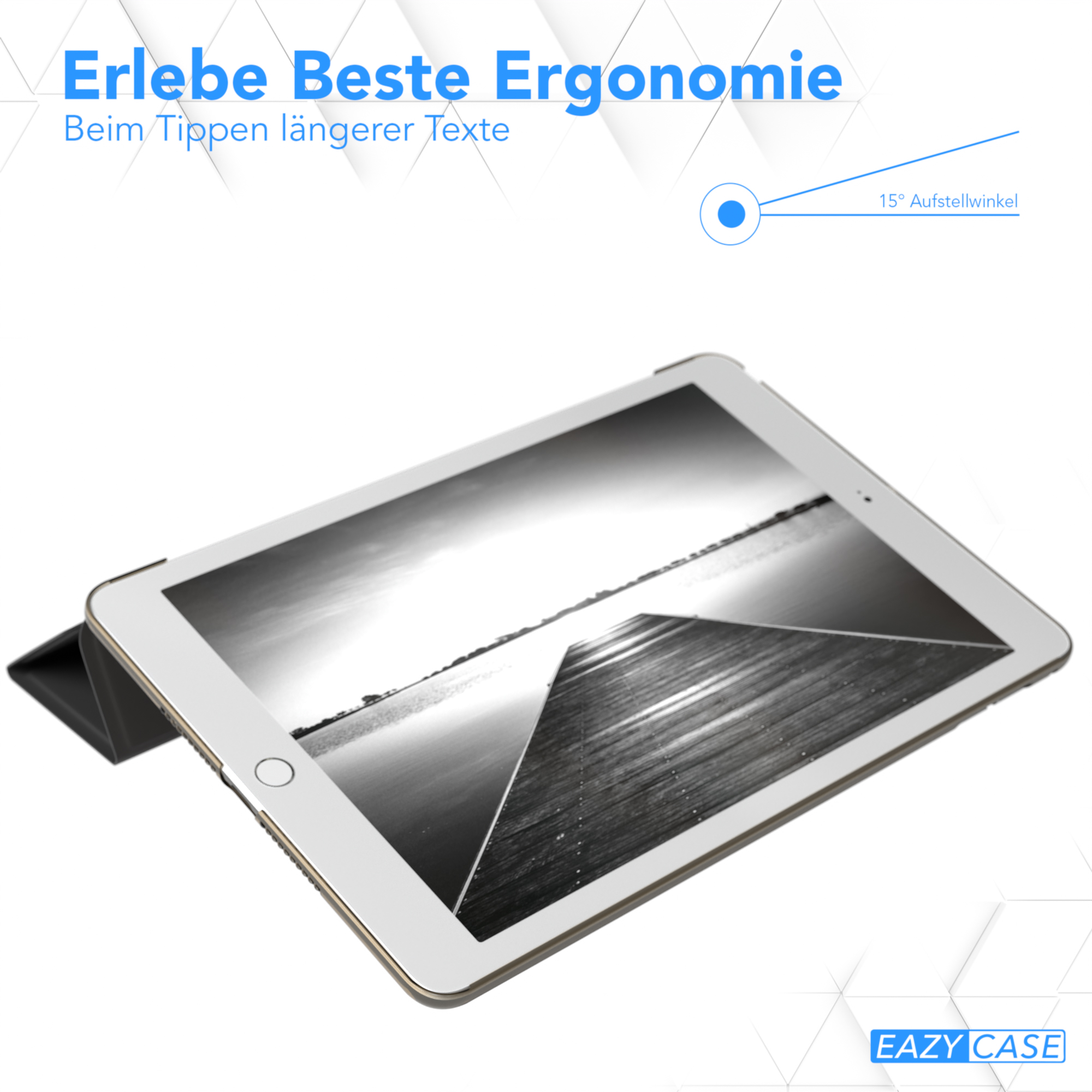Tablet mit Landschaftsbild auf dem Bildschirm. Das Tablet befindet sich in einer Hülle und ist um 15 Grad geneigt.
