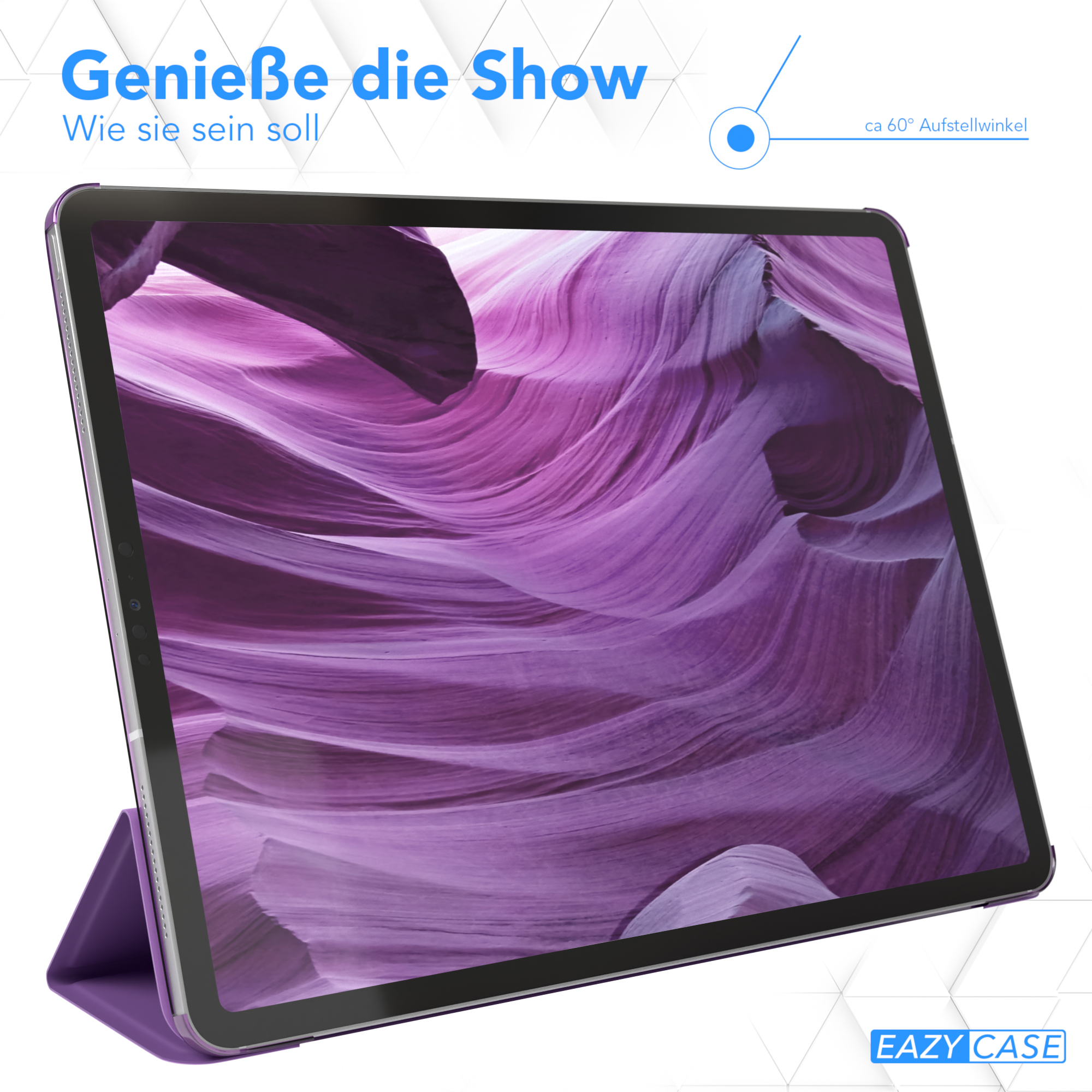 Tablet in lila Hülle. Text: Genieße die Show. So wie sie sein soll. Winkel: ca. 60°.