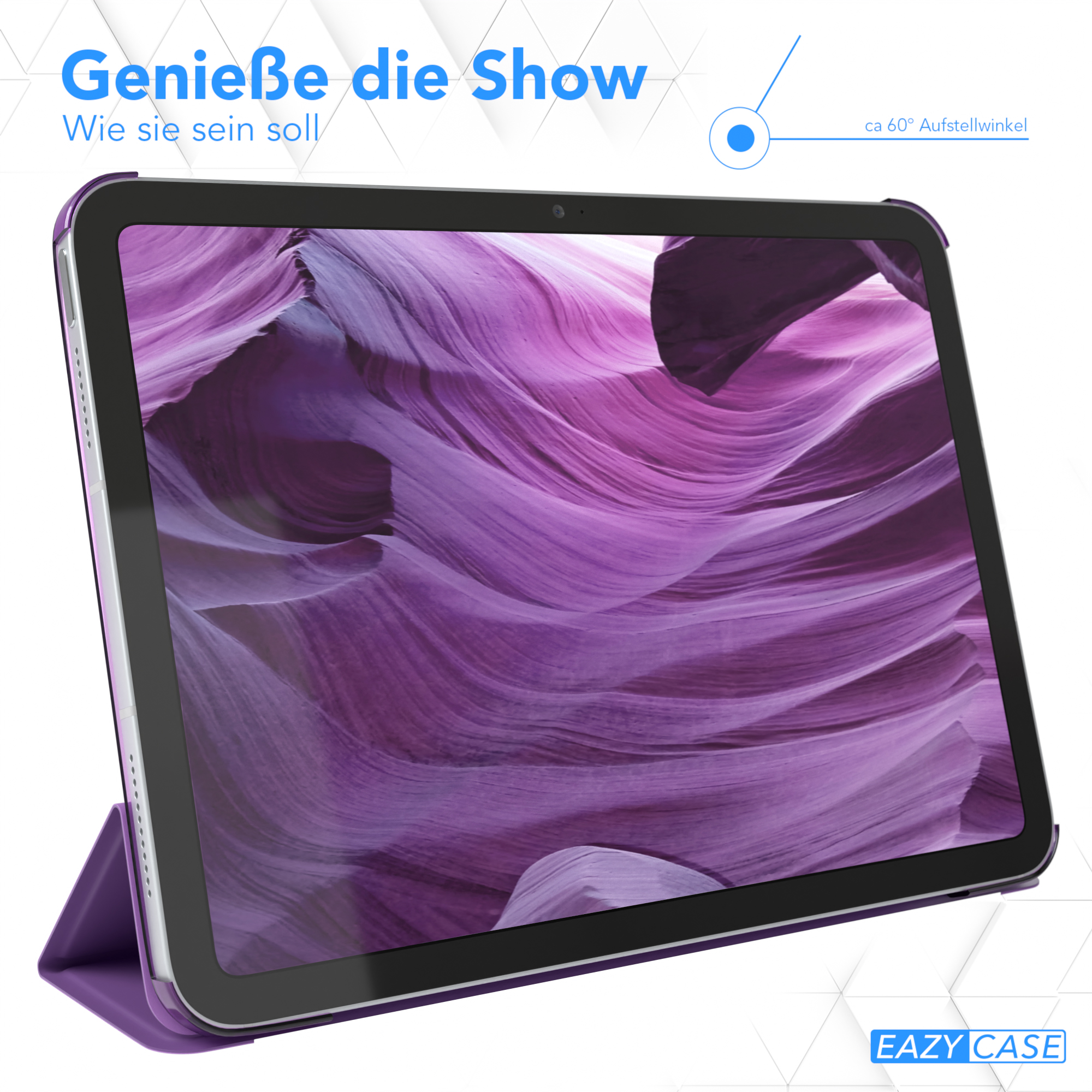 Tablet mit lila Hülle, die einen abstrakten lila Hintergrund zeigt.