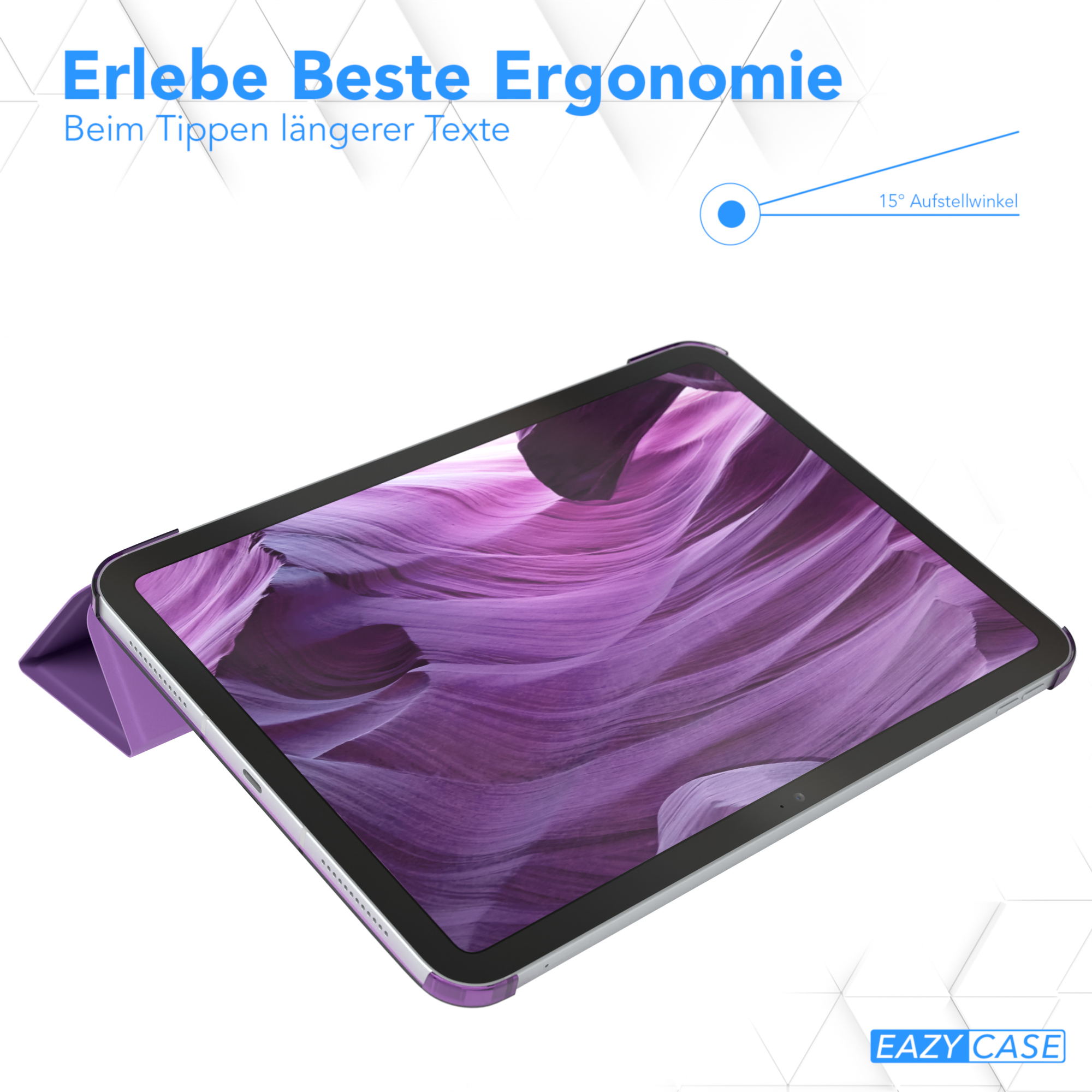 Tablet in lila Gehäuse, leicht angewinkelt. Text oben: Erlebe Beste Ergonomie. Eazy Case-Logo unten.