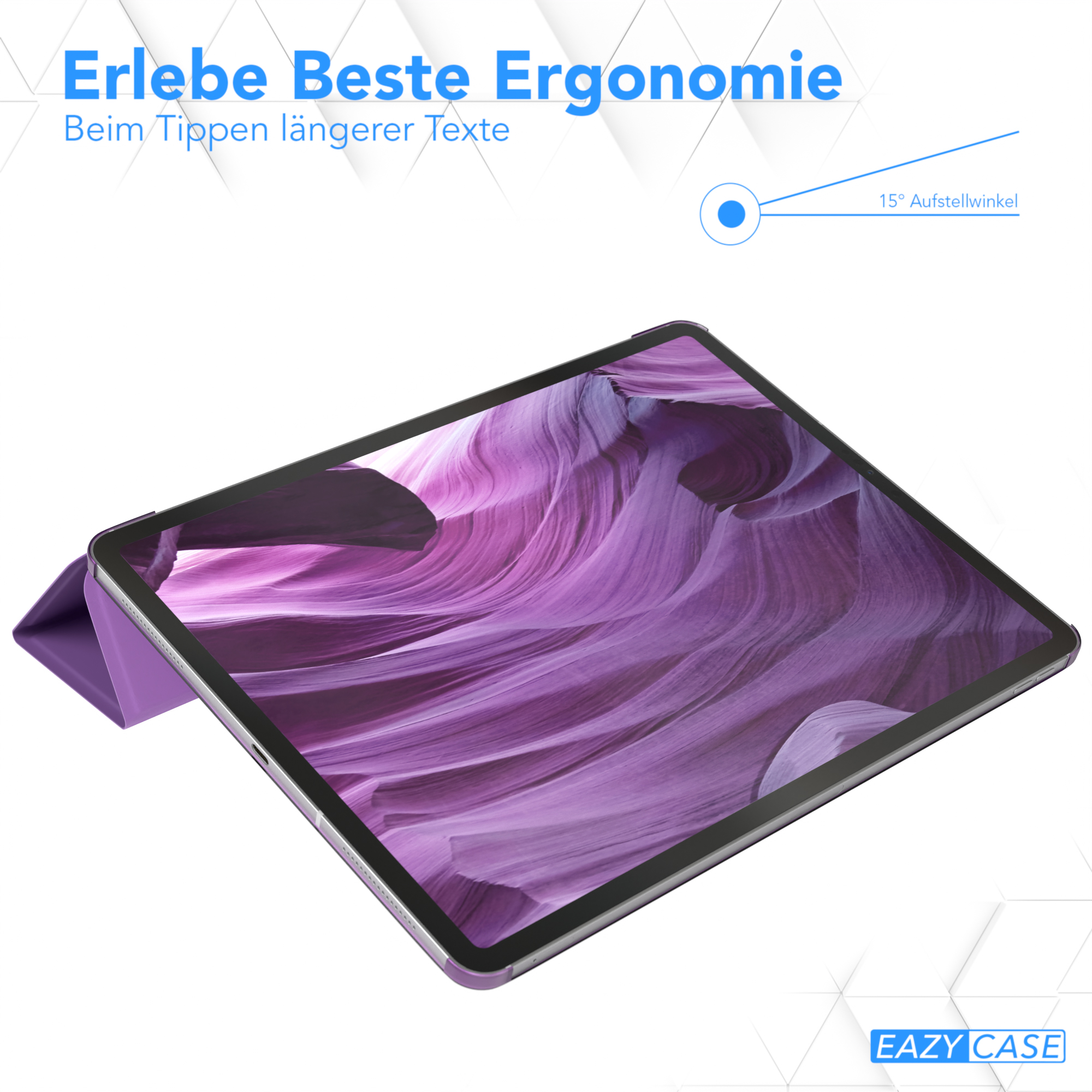 Tablet mit lila Bildschirm und Hülle. Text wirbt für beste Ergonomie beim Tippen langer Texte.