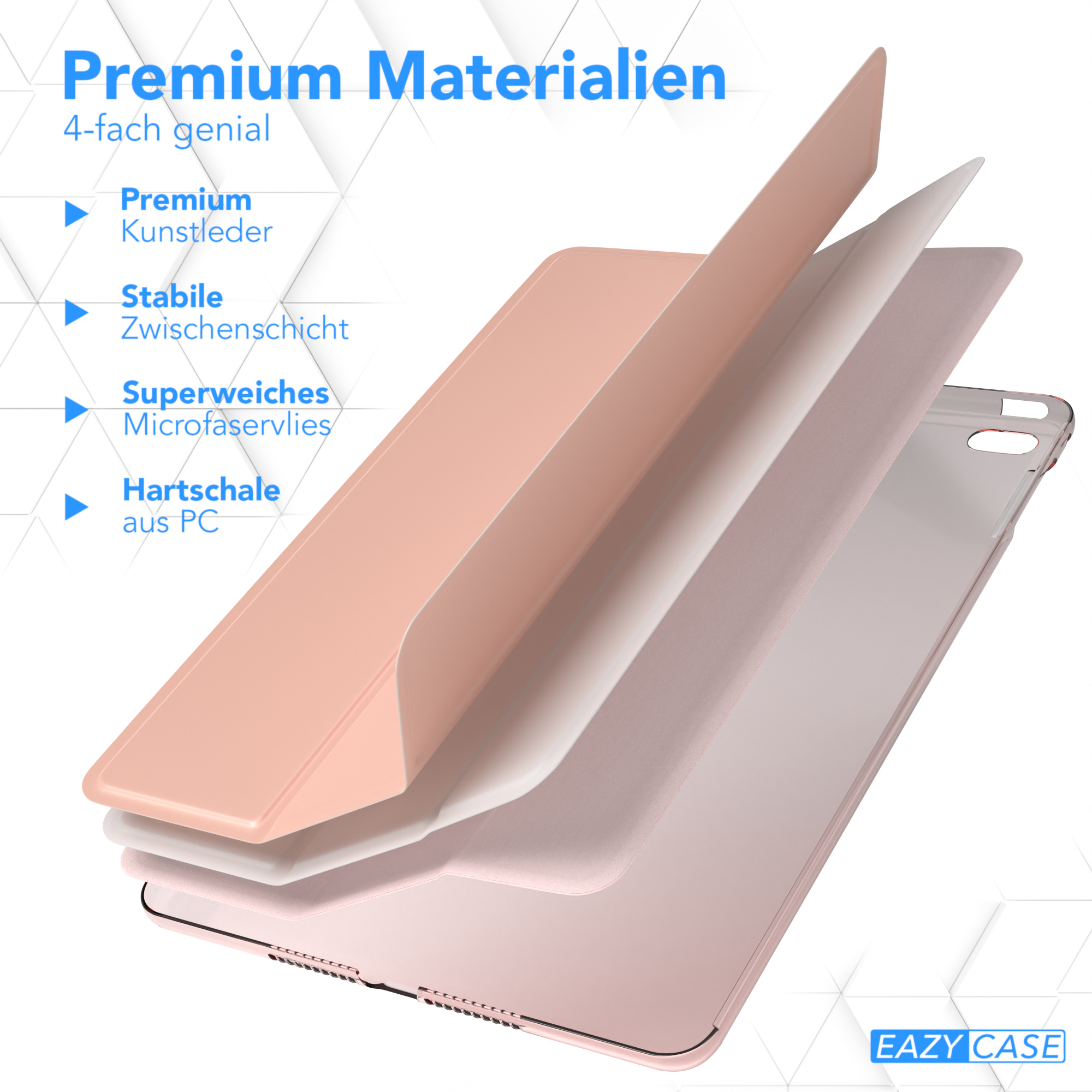 Geschichtete Ansicht der Tablet-Hüllenmaterialien. Rosa Leder, weiß und klarer Rücken.