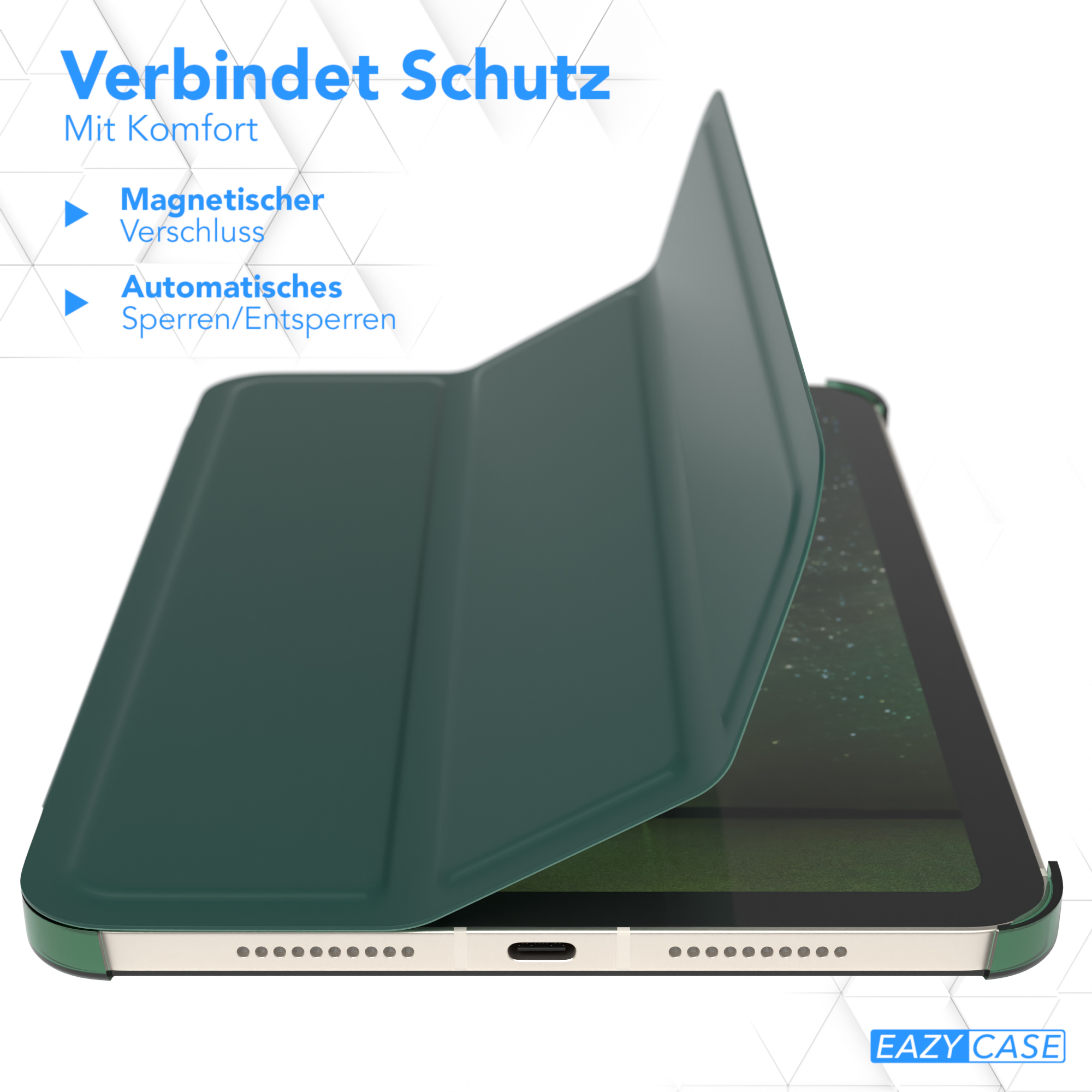 Grüne Tablet-Hülle geöffnet, zeigt den Tablet-Bildschirm.