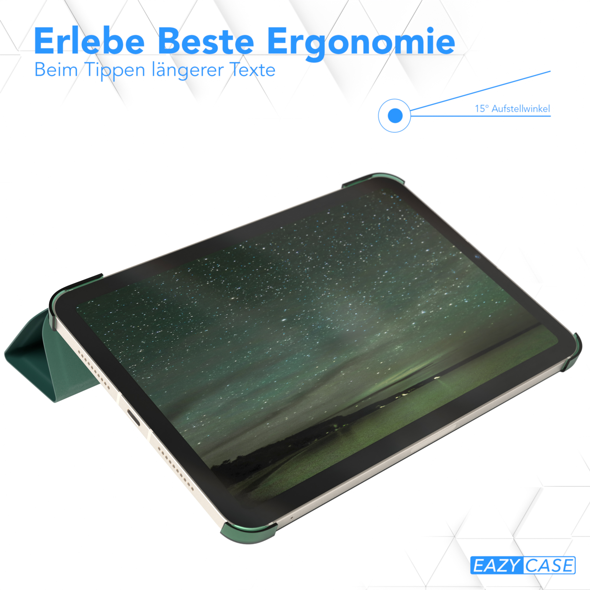 Rote Tablethülle mit Tablet, das einen roten Canyon zeigt. Winkel ist 60°.