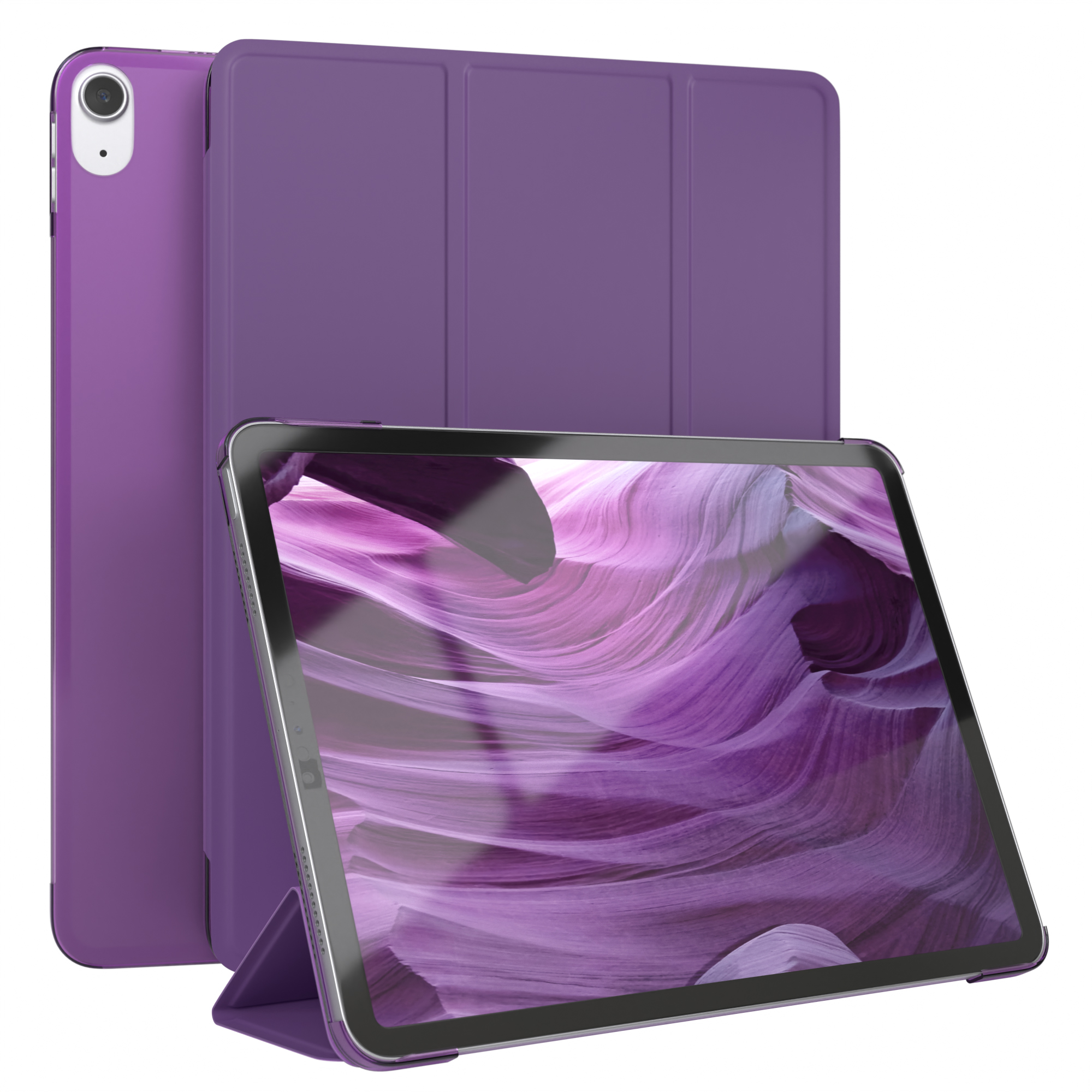 Lila Tablet mit Hülle, zeigt eine Landschaft.