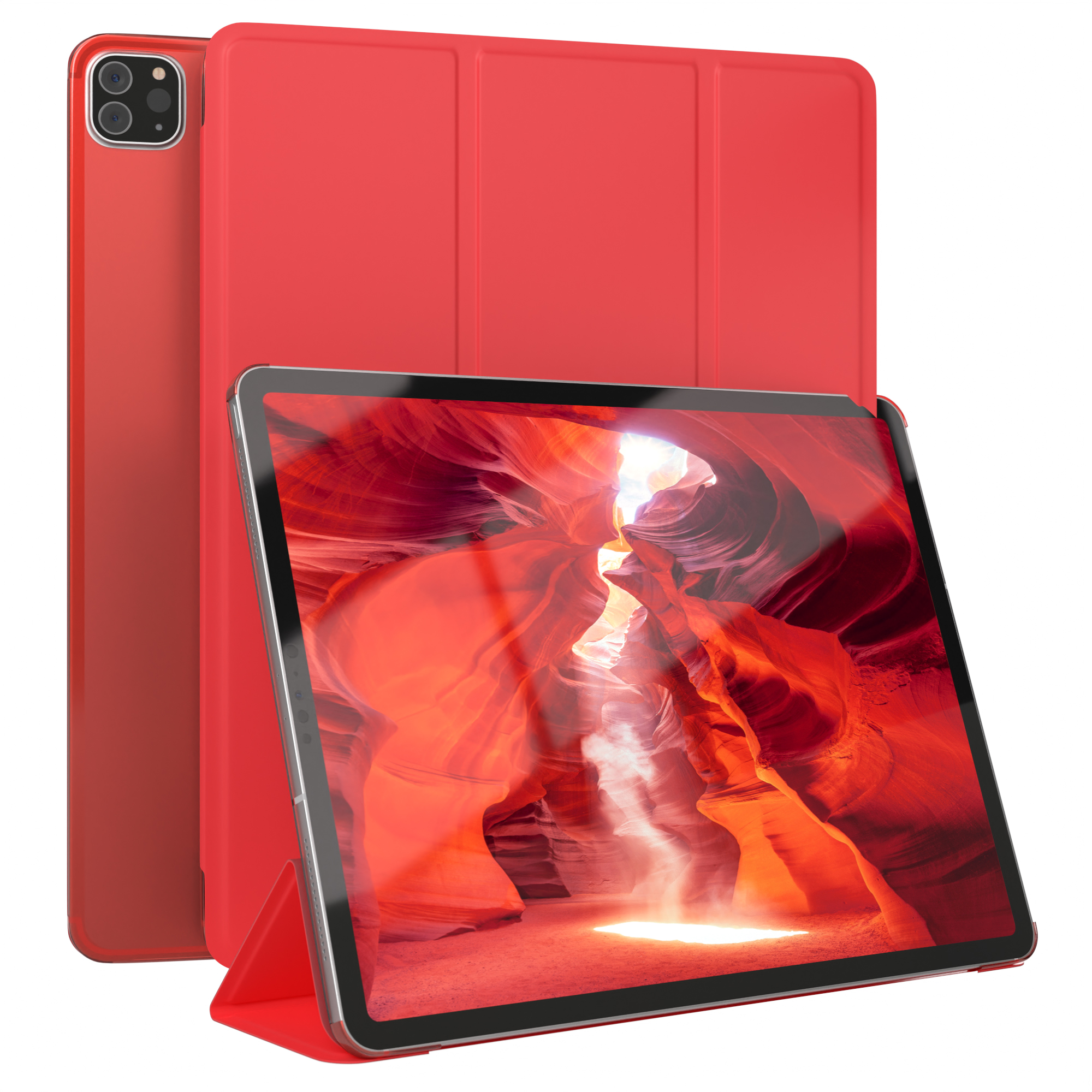 Rotes Tablet mit roter Hülle. Der Bildschirm zeigt eine rote Felsformation.