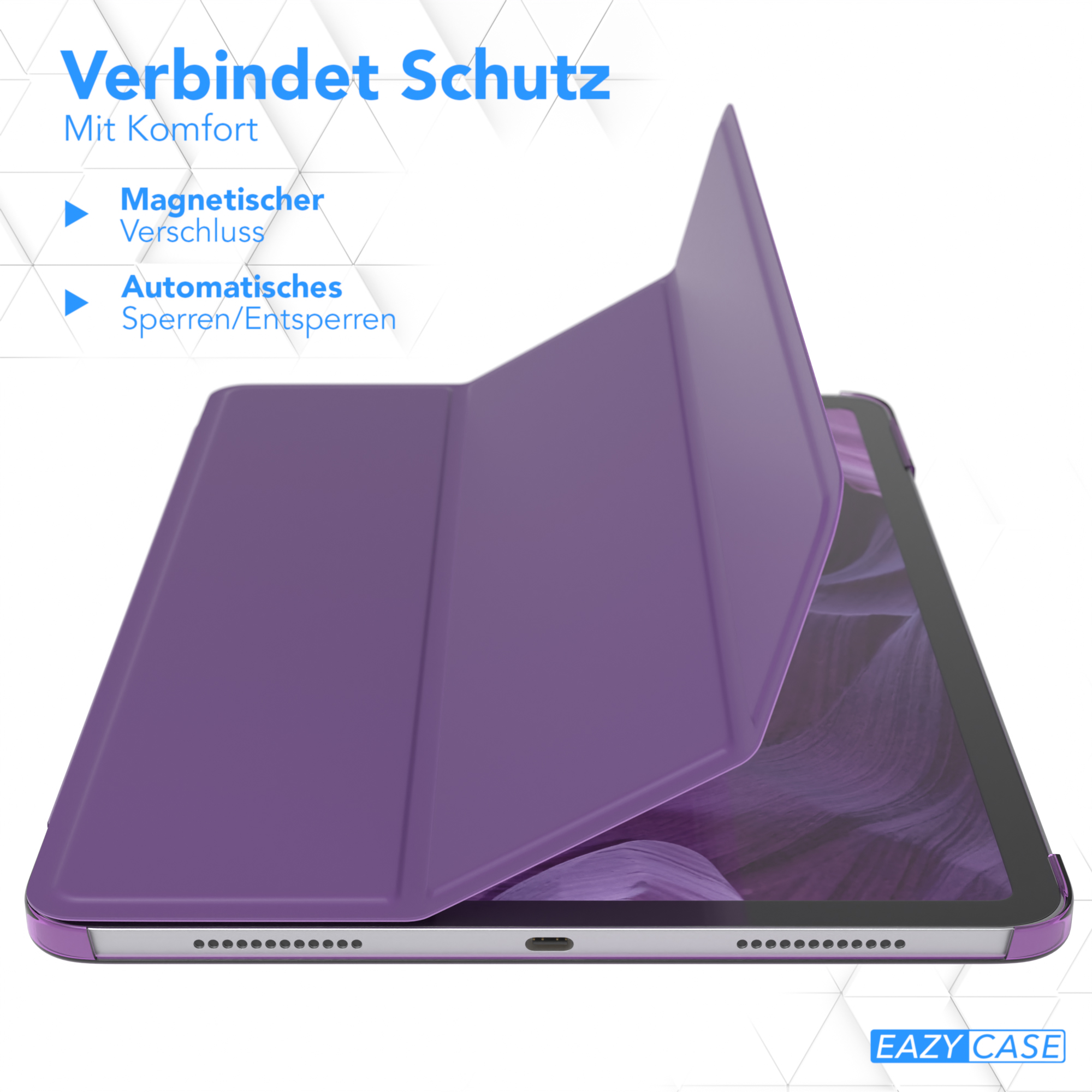 Violette Tablethülle mit geöffneter Abdeckung, die das Tablet im Inneren zeigt.