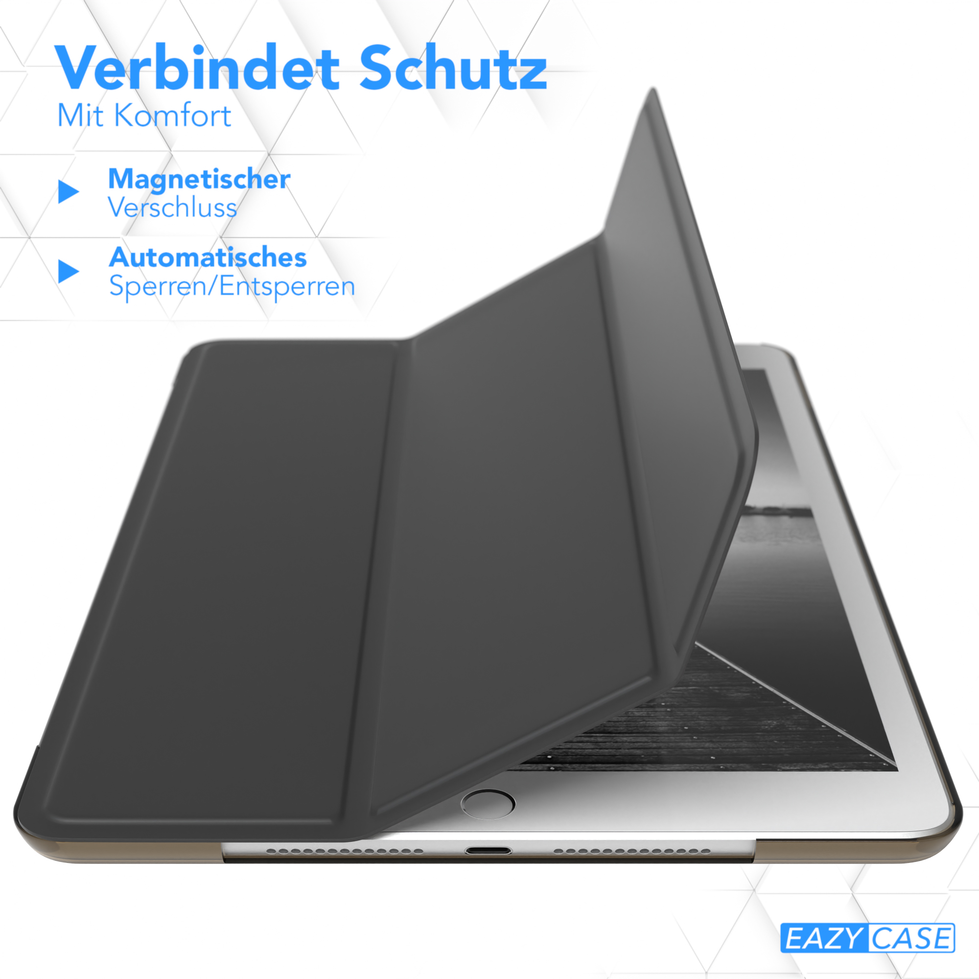 Schwarze Tablet-Hülle, geöffnet, um das Tablet zu enthüllen. Text: Magnetverschluss, Automatisches Sperren/Entsperren. EAZY CASE Logo.