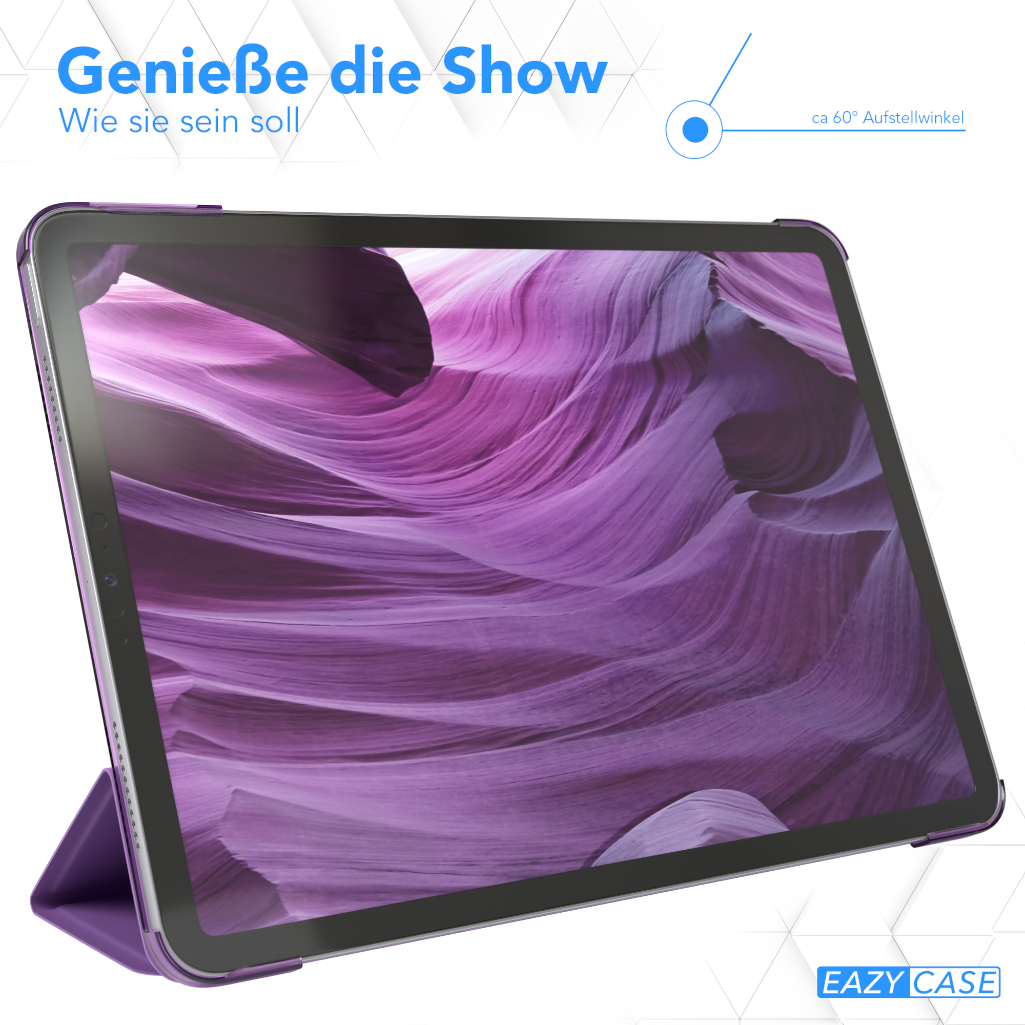 Tablet in lila Hülle, zeigt farbenfrohe Landschaft, mit Text über den Betrachtungswinkel.