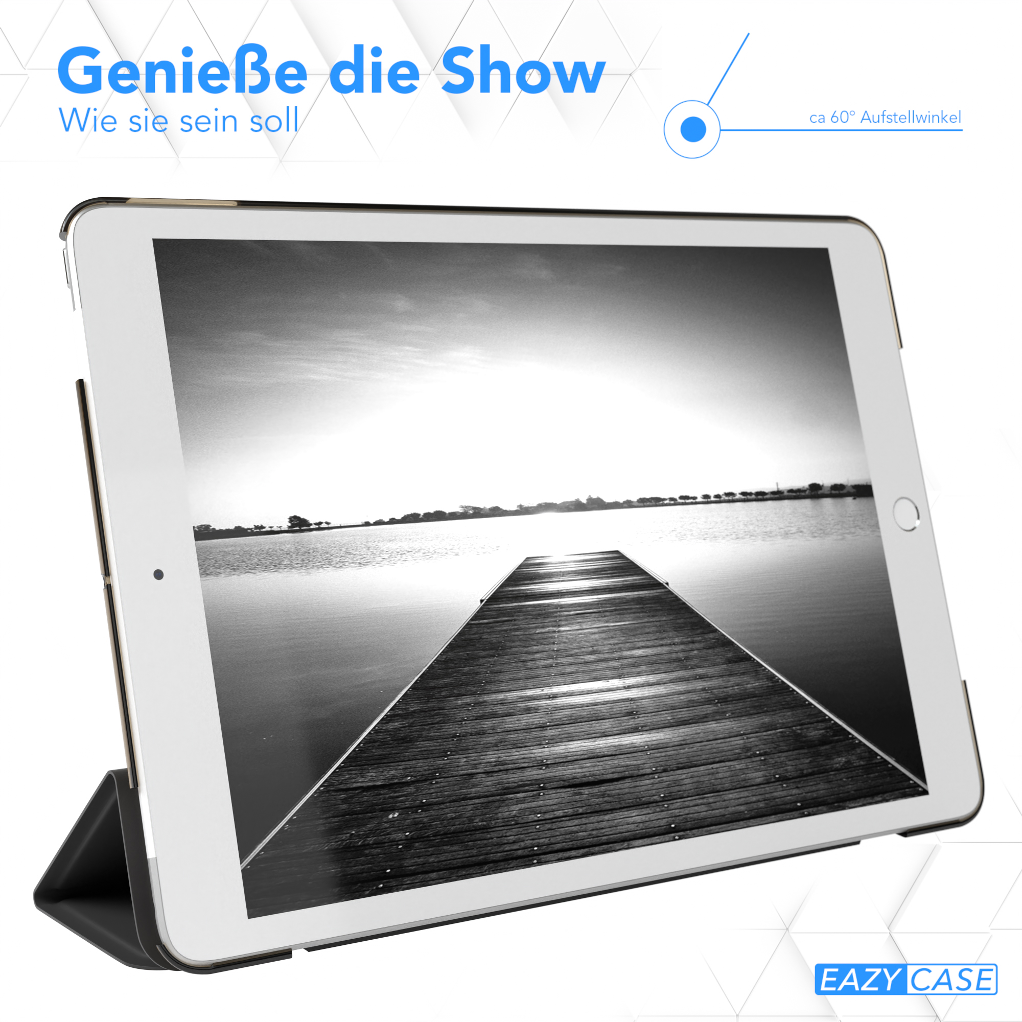 Ein Tablet, das eine Schwarz-Weiß-Szene mit einem Pier zeigt. Das Tablet ist abgewinkelt, mit einem Betrachtungswinkel von 60 Grad.