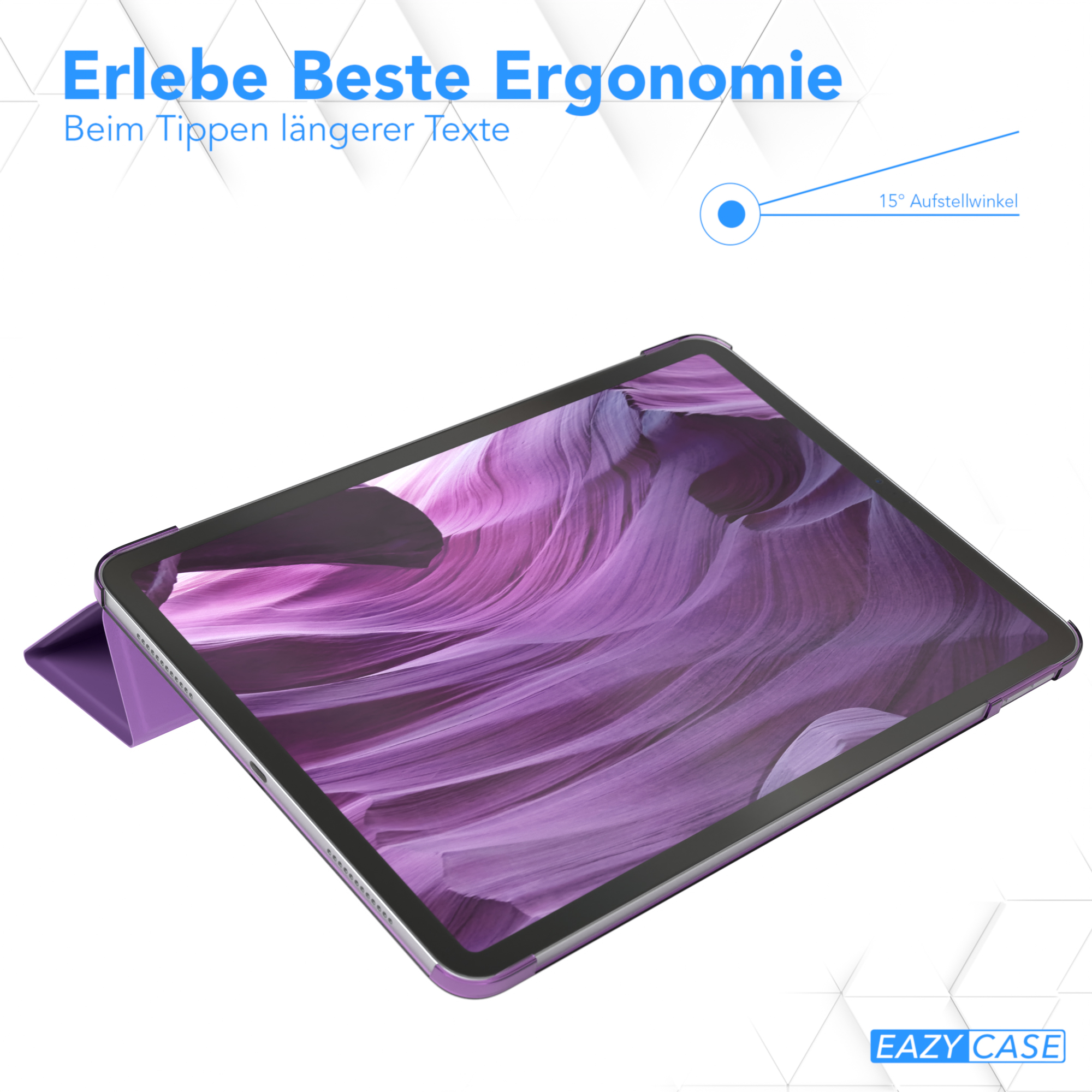 Lila Tablet-Hülle mit Ständer, angewinkelte Ansicht, weißer Hintergrund.