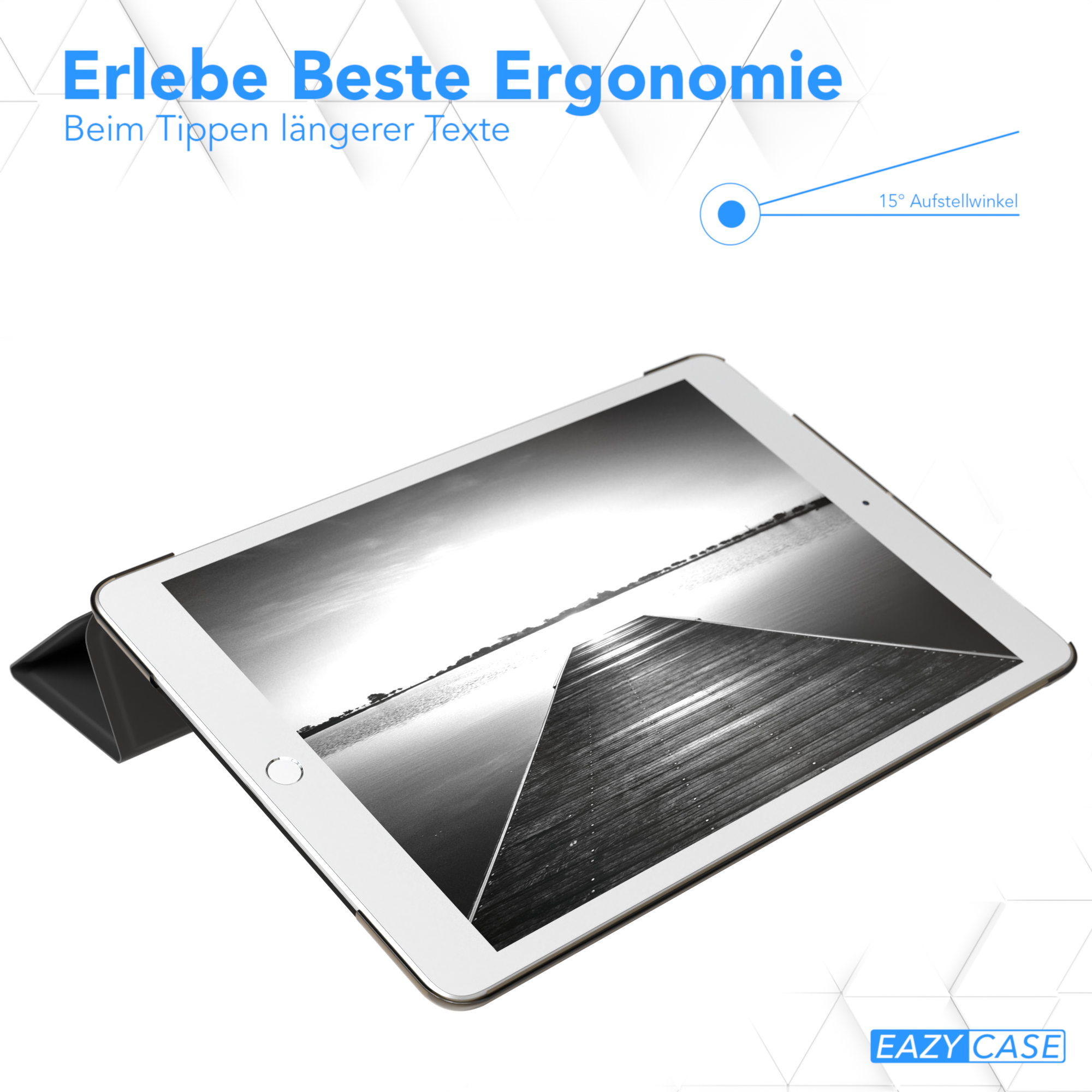 Ein Tablet mit offenem Deckel, das den Bildschirm zeigt. Text über Ergonomie ist vorhanden.