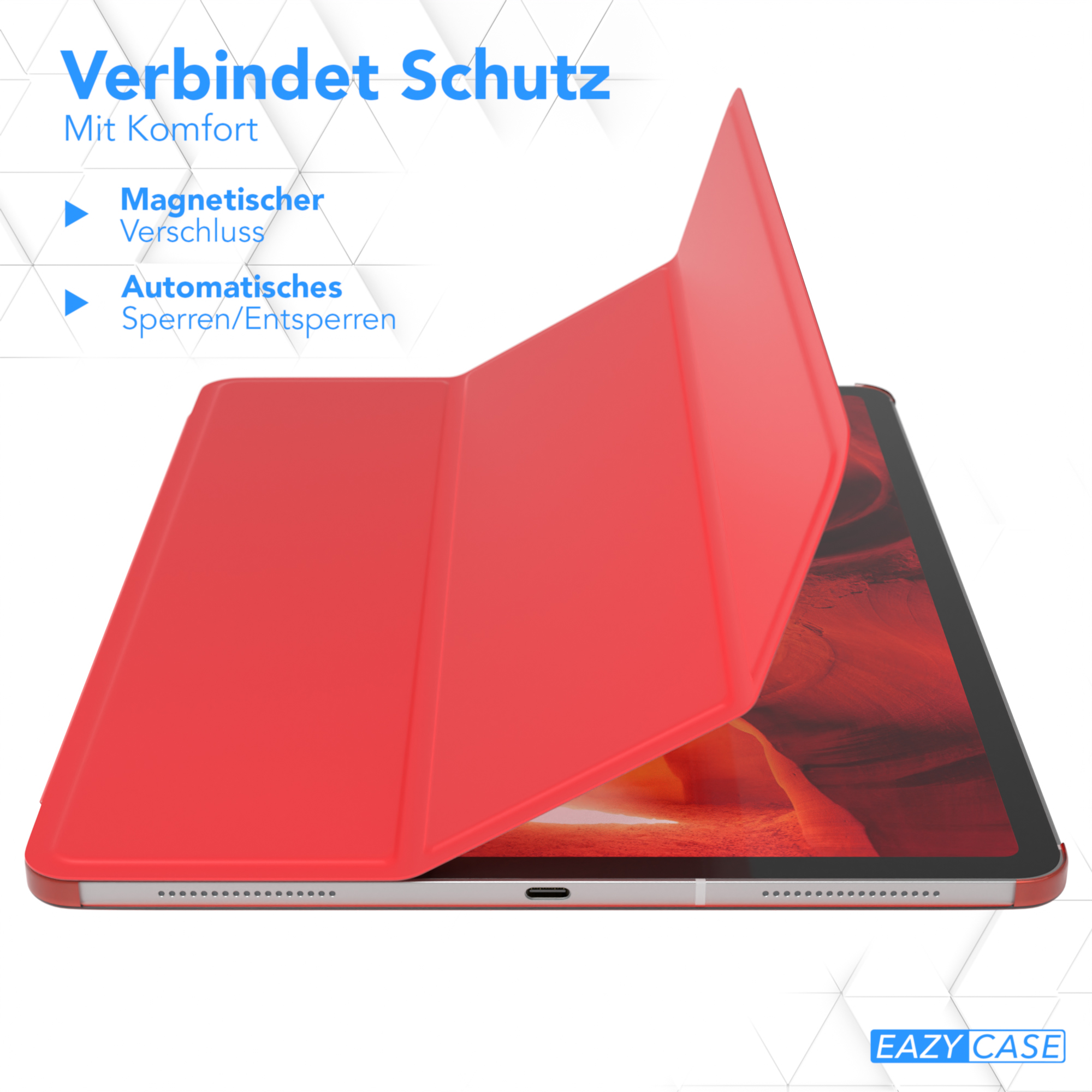 Rote Tablet-Hülle geöffnet. Text: 'Verbindet Schutz Mit Komfort', und 'Magnetischer Verschluss'.