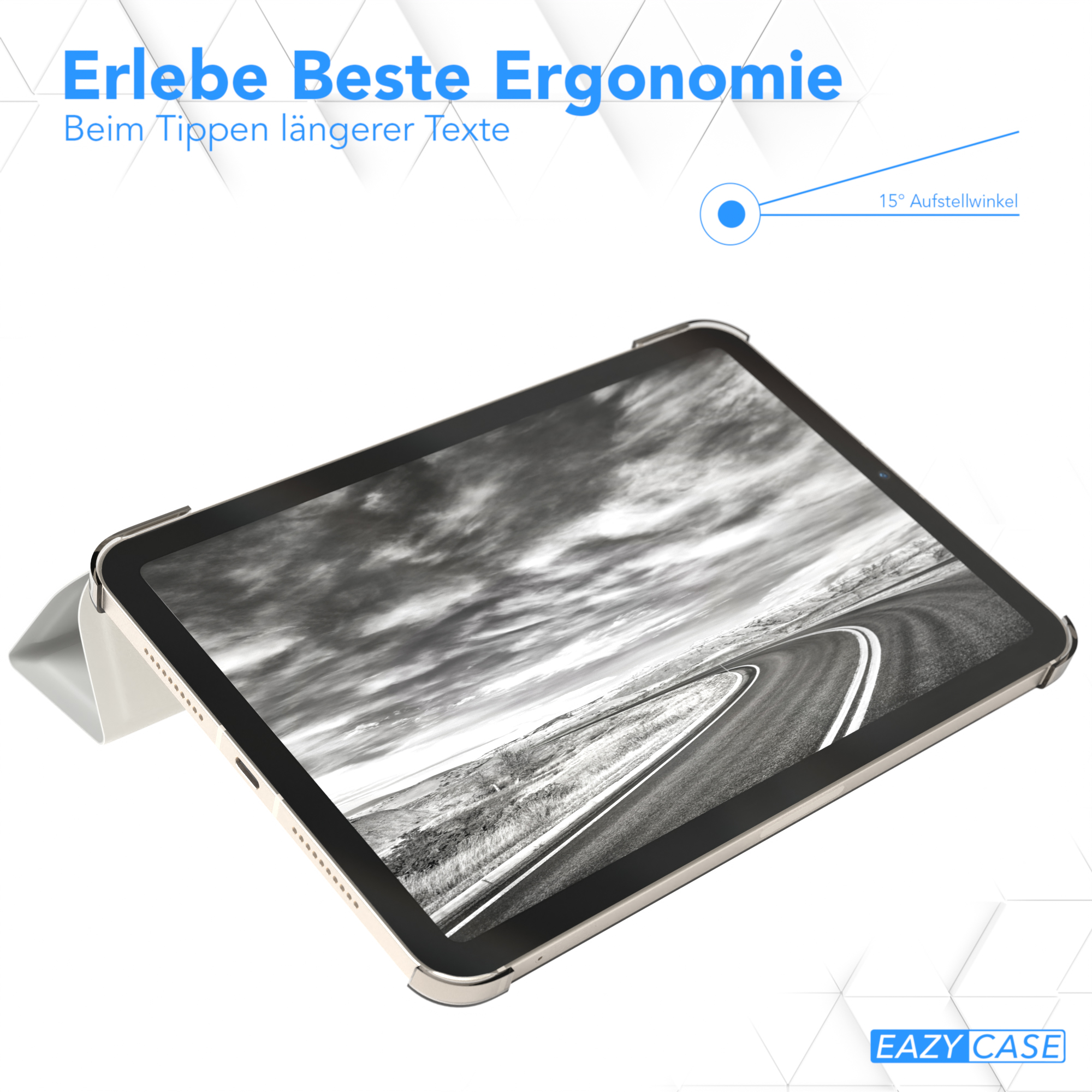Ein Tablet in einer Hülle, zum Tippen geneigt. Text: 'Erlebe Beste Ergonomie' und EAZY CASE Logo.