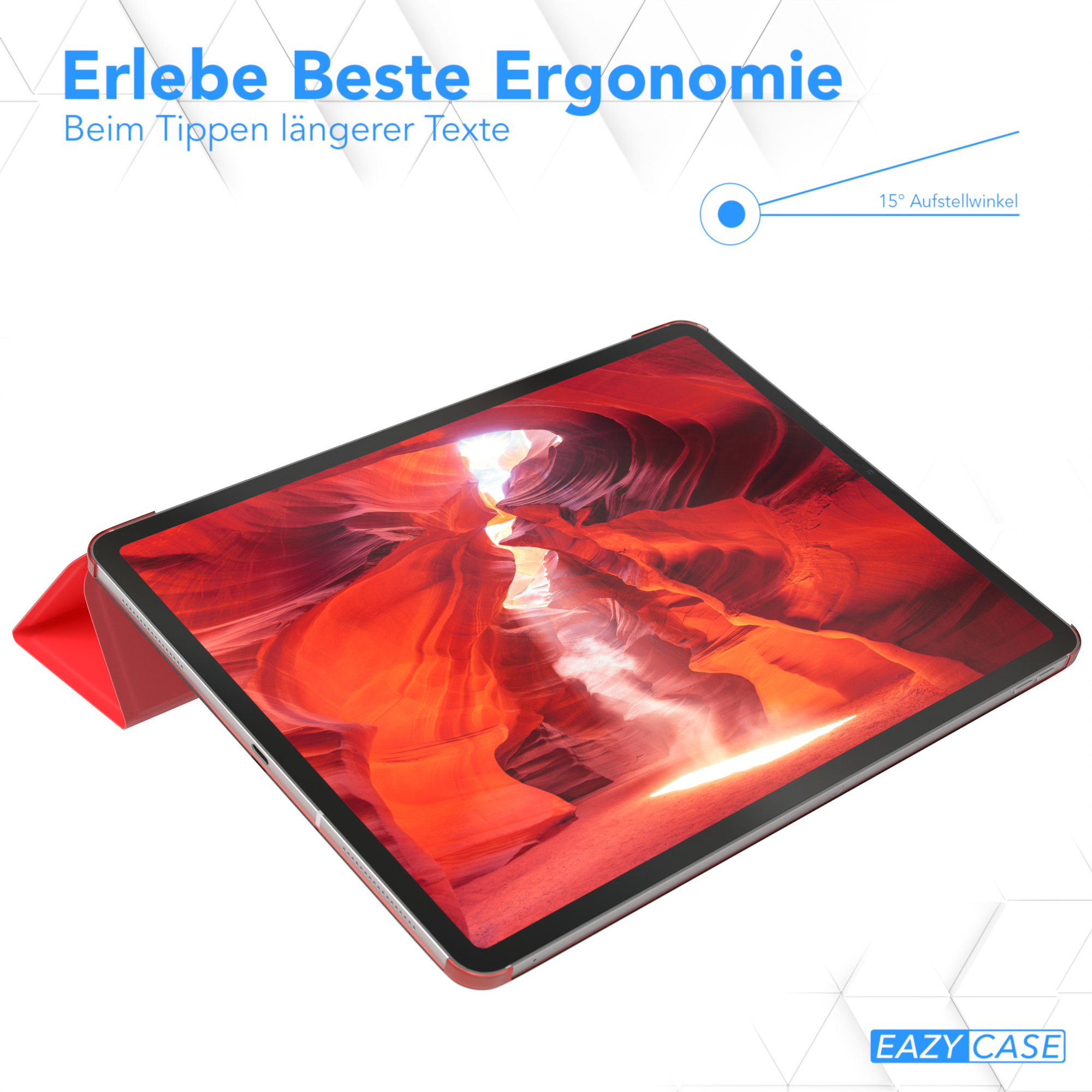 Ein rotes Tablet mit 15° Winkel, Text: Erlebe Beste Ergonomie, und das EAZY CASE Logo.