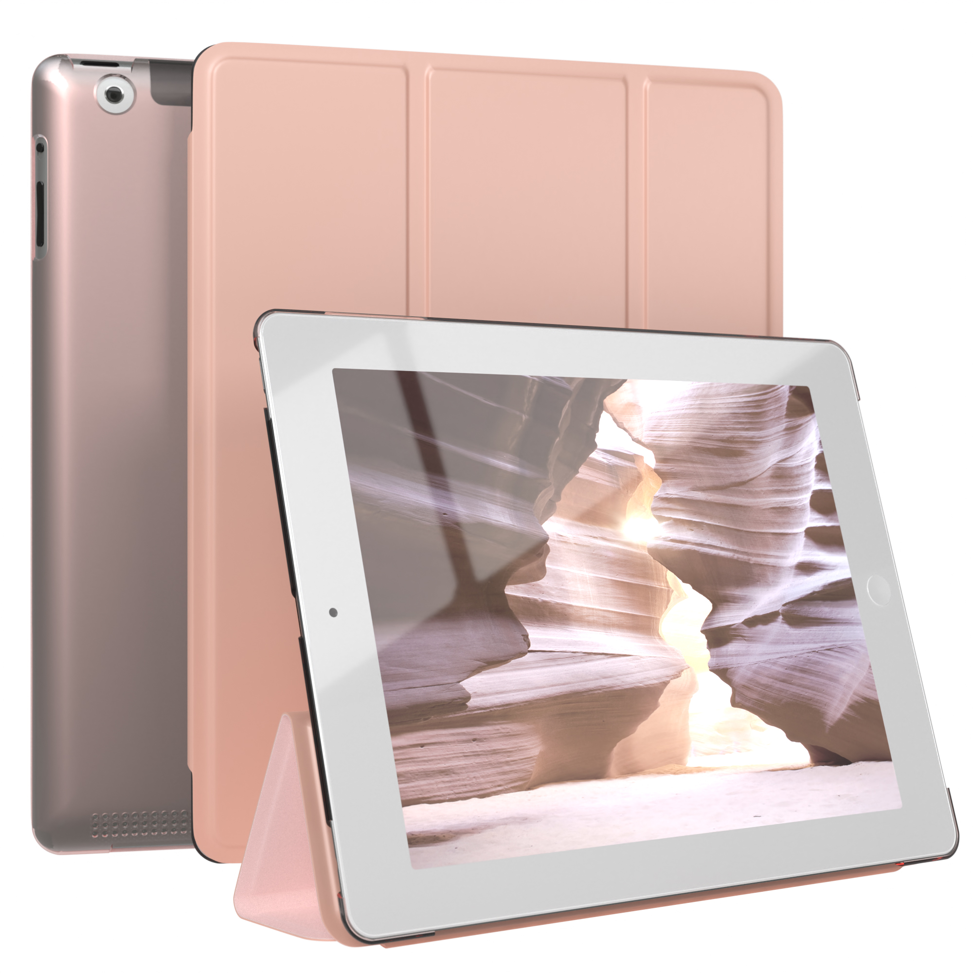 Ein Tablet in einer roségoldenen Hülle, geöffnet und in einem Ständer. Der Bildschirm zeigt ein Canyon-Bild.