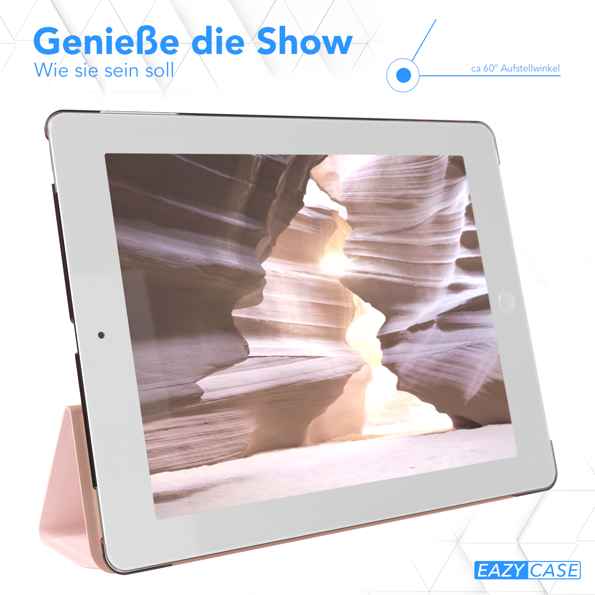 Ein iPad in einem rosa Etui, das ein Bild eines Canyons zeigt. Das Etui ist geöffnet, mit einem Betrachtungswinkel von 60°.