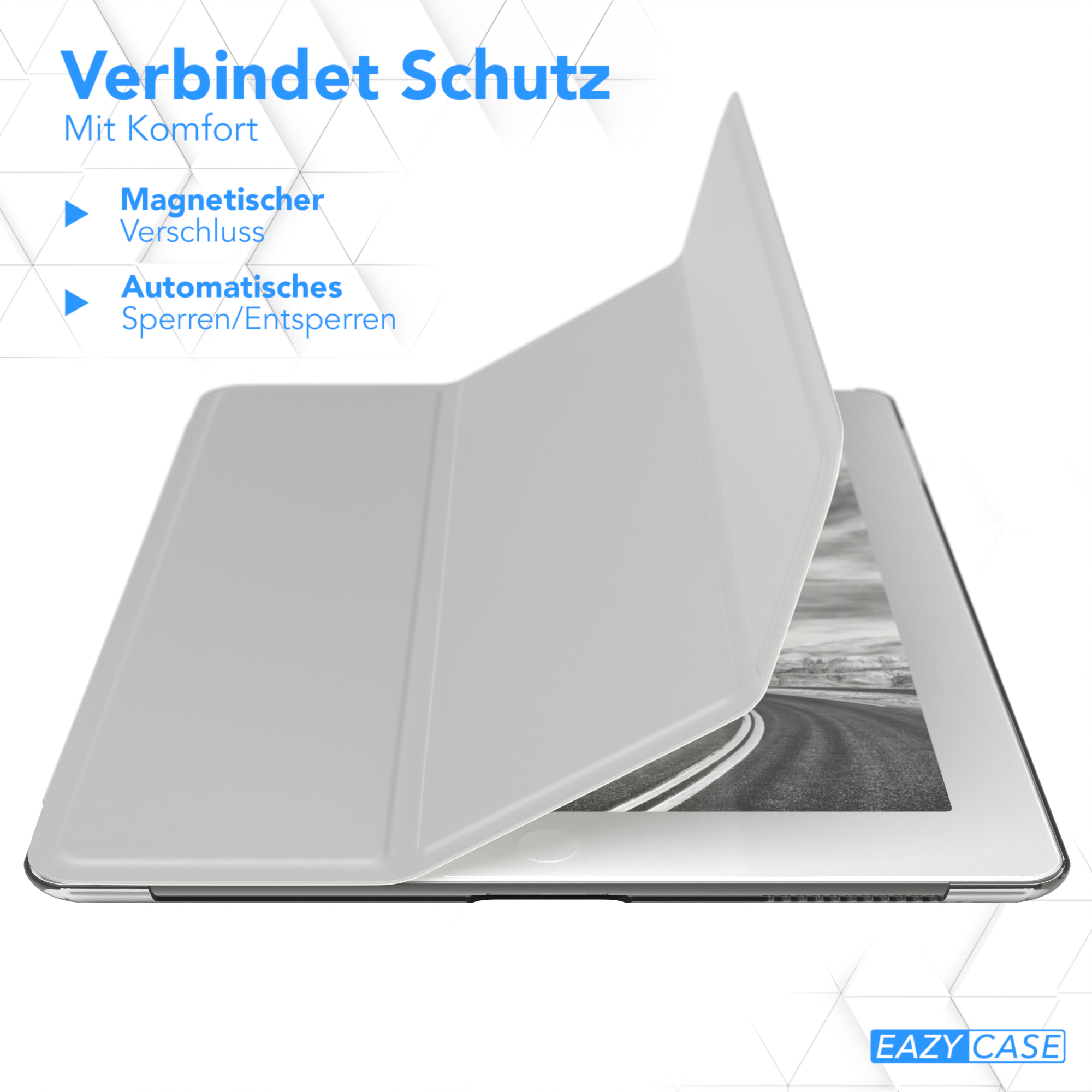 Eine weiße Tablet-Hülle, die teilweise über einem Tablet geöffnet ist. Text oben erklärt die Funktionen.