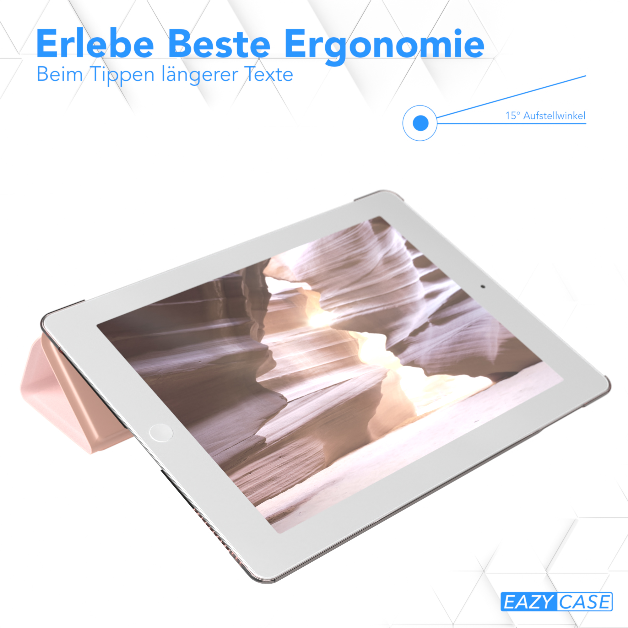 Ein Tablet mit rosa Hülle, angewinkelt, in Nahaufnahme. Text: Erleben Sie beste Ergonomie. EAZY CASE Logo.