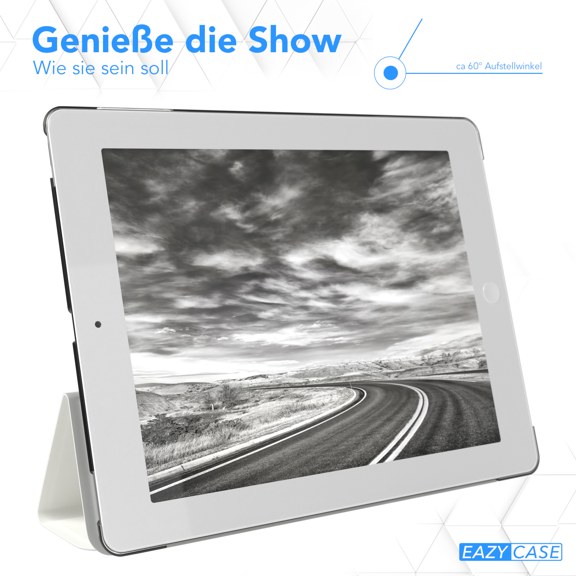 Ein Tablet auf einem Ständer, das eine Autobahnszene zeigt, mit Text über die Show.