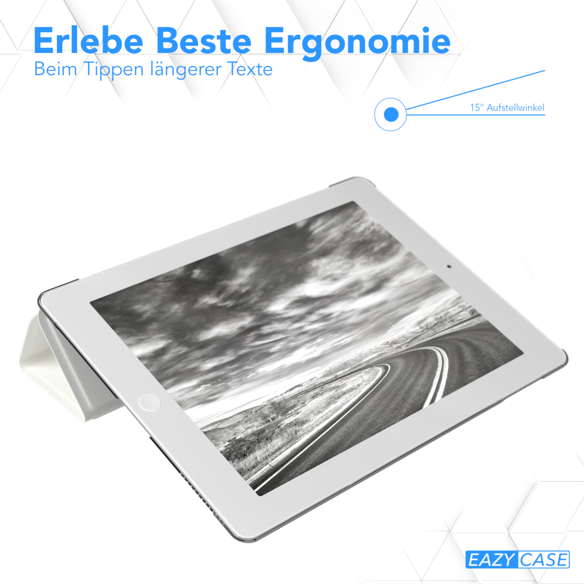Ein weißes Tablet mit einem Straßenbild auf dem Bildschirm, das von einem Gehäuse in einem 15-Grad-Winkel aufgestellt wird.