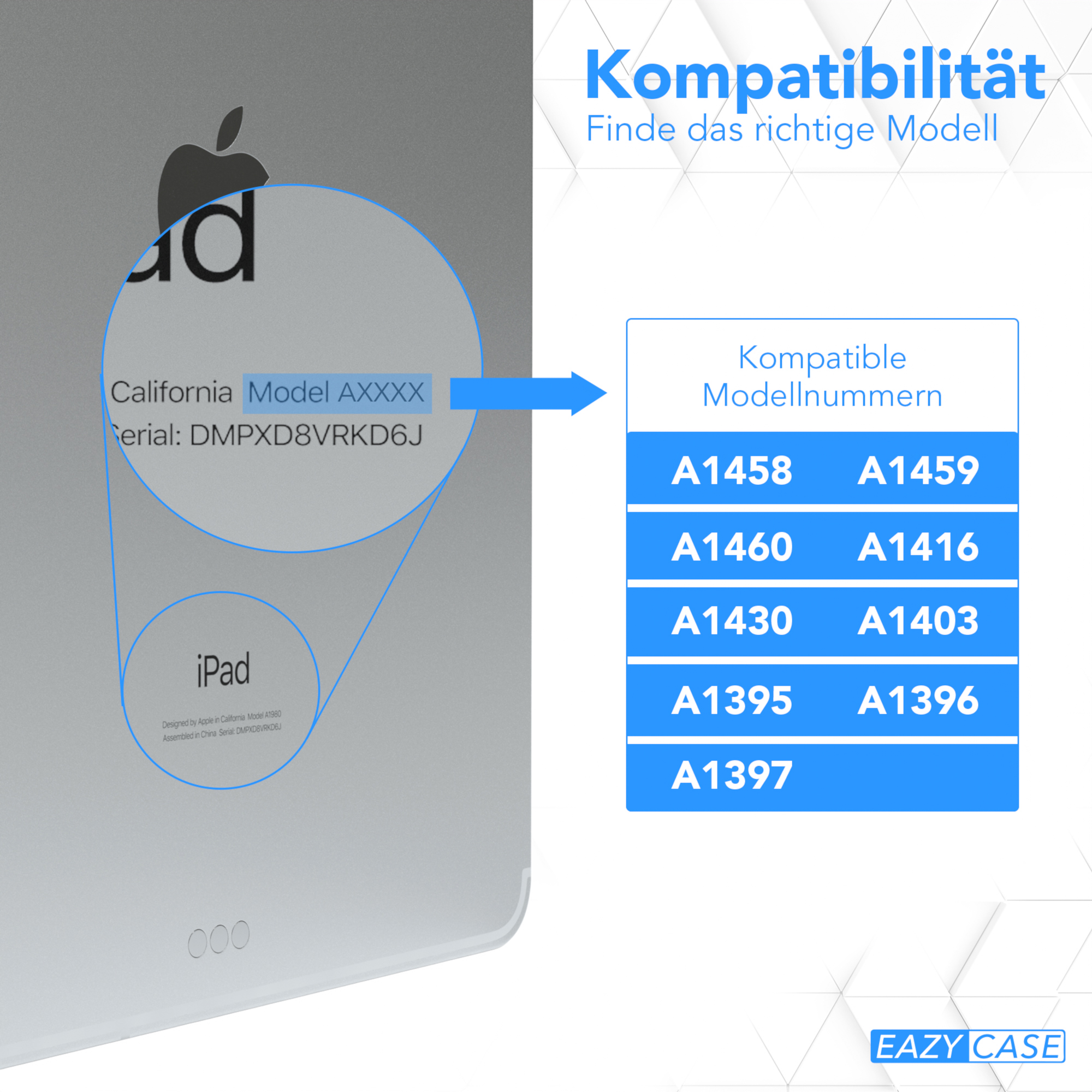 iPad-Rückseite mit Apple-Logo und Modellnummern.