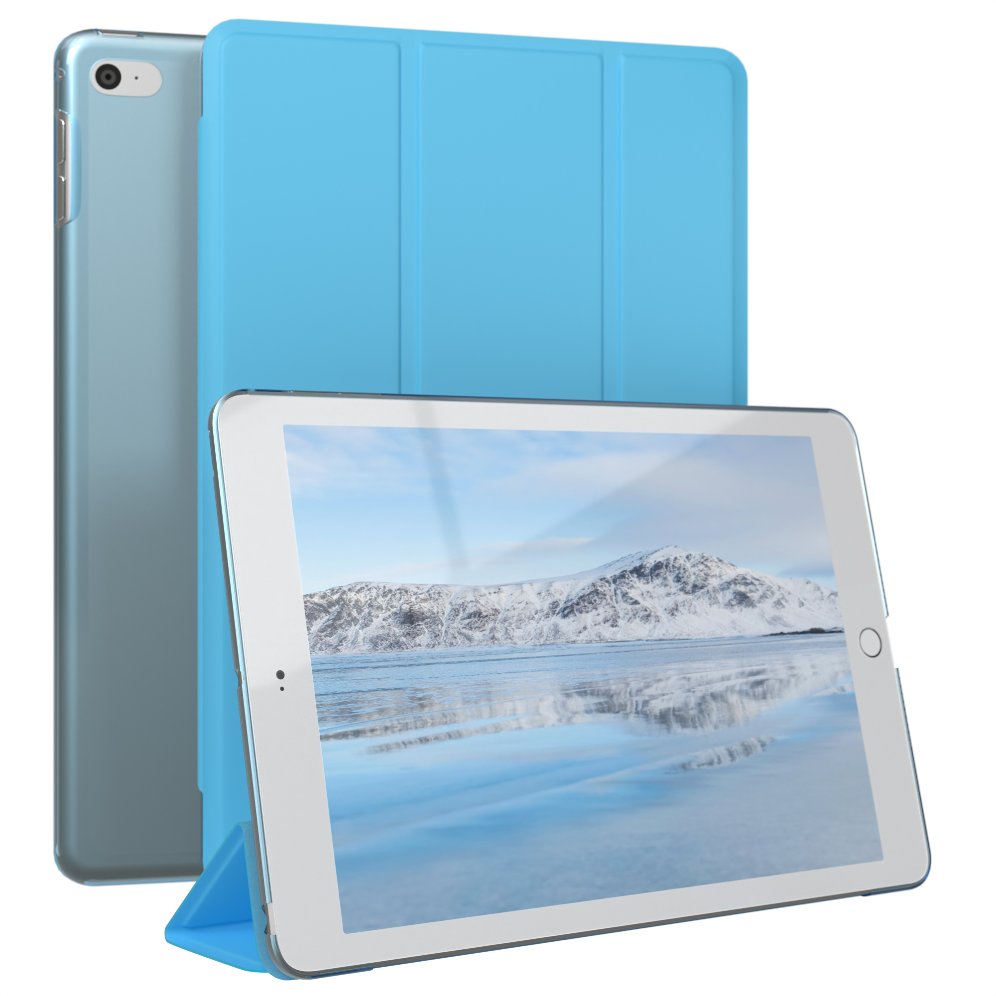 Blaues Tablet mit Hülle. Der Bildschirm zeigt eine verschneite Landschaft. Eine weitere Hülle im Hintergrund.