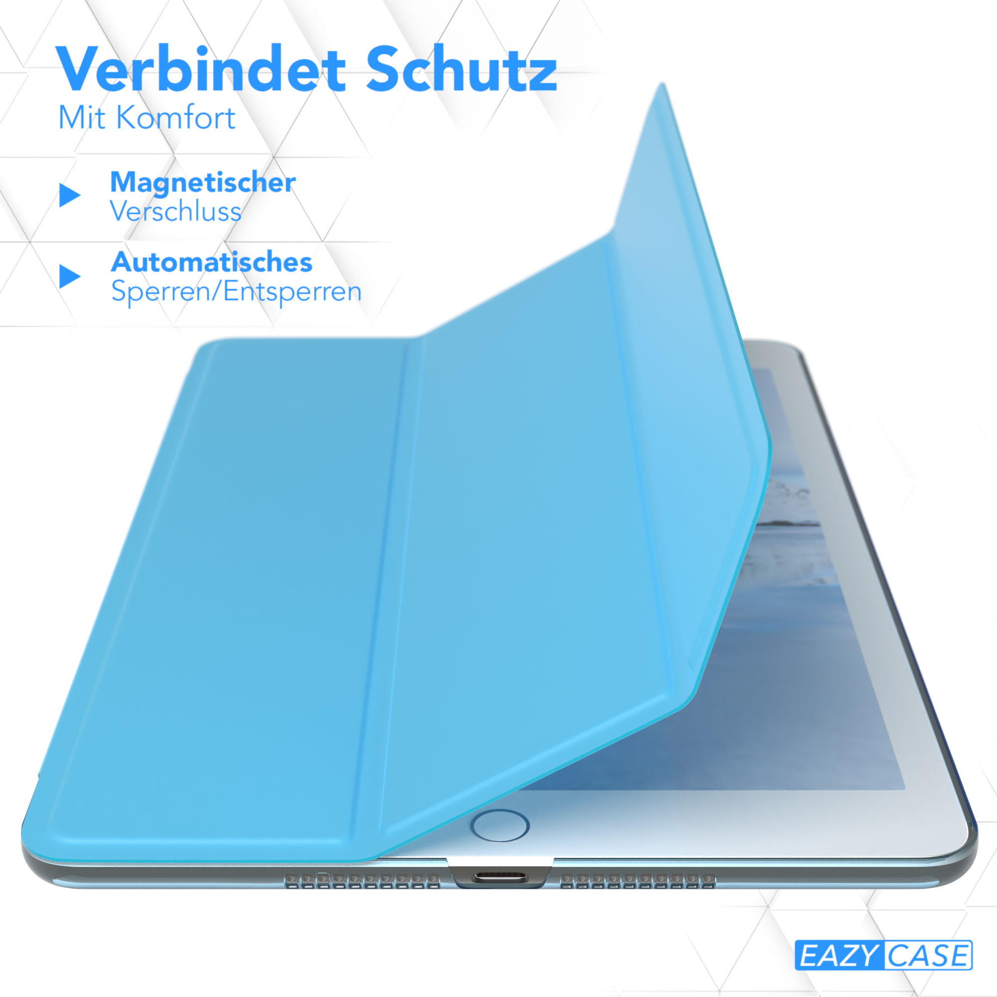 Eine blaue Tablet-Hülle, geöffnet, mit einem Tablet. Text lautet 'Verbindet Schutz'.
