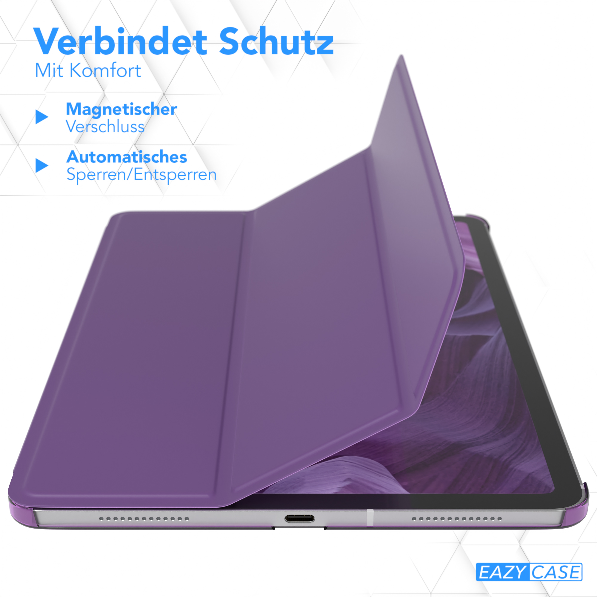Eine lila Tablethülle mit Magnetverschluss, offen, zeigt einen Tablet-Bildschirm.