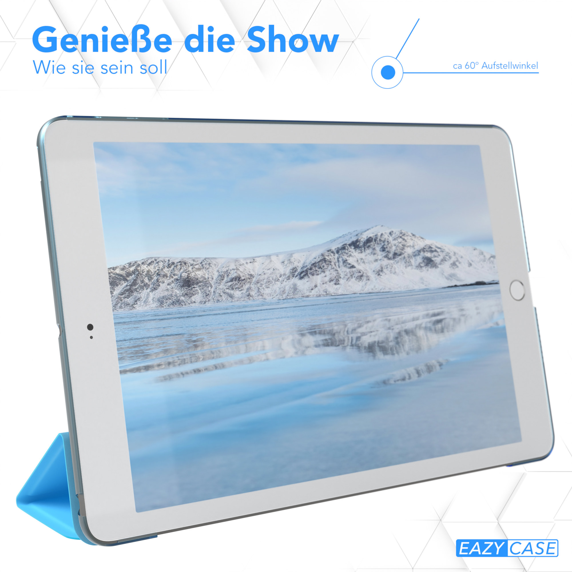 Tablet in blauem Case, zeigt schneebedeckte Berglandschaft. Das Tablet ist 60 Grad geneigt.