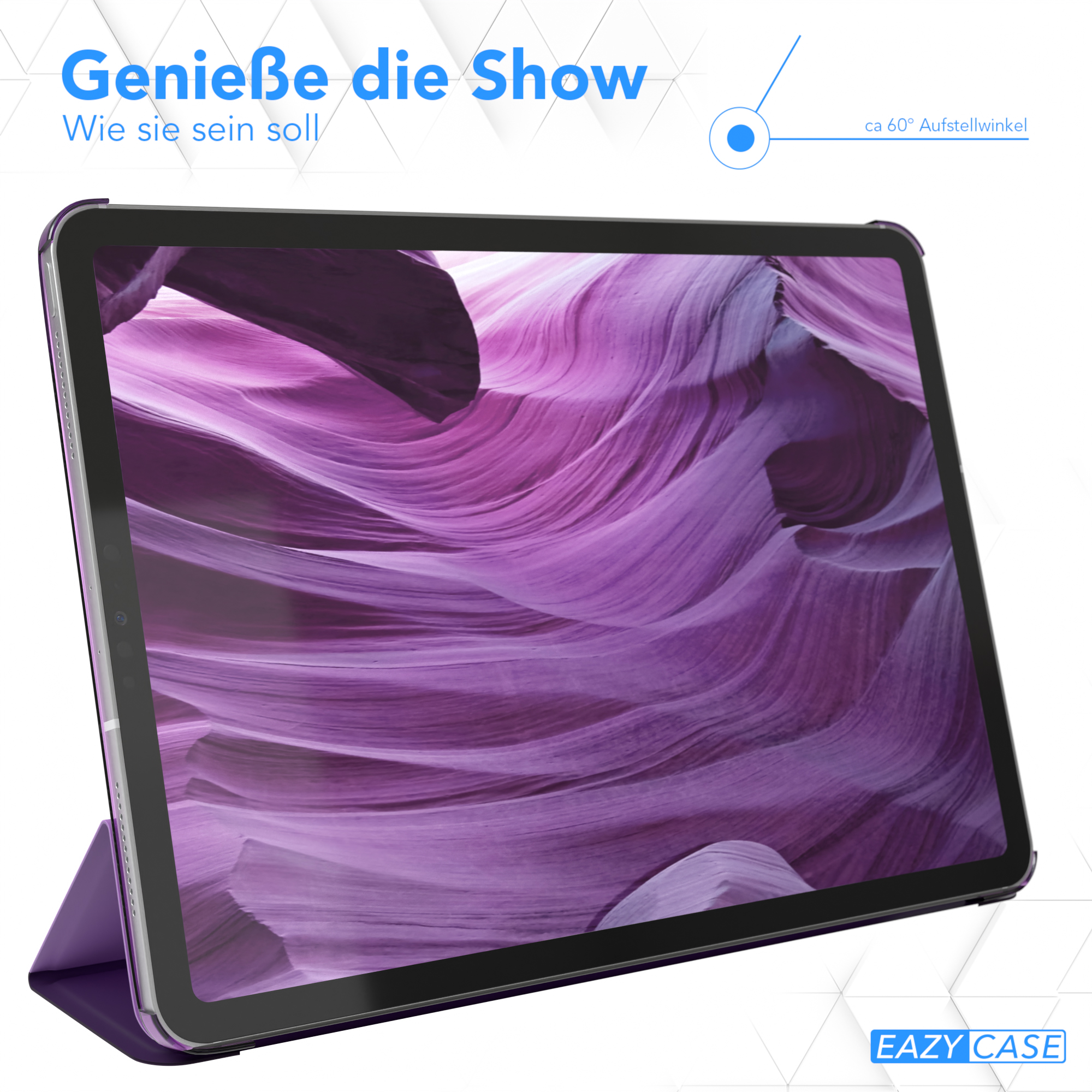 Ein Tablet mit lila Hülle, das ein lila Canyon-Bild anzeigt. Text auf Deutsch oben links.