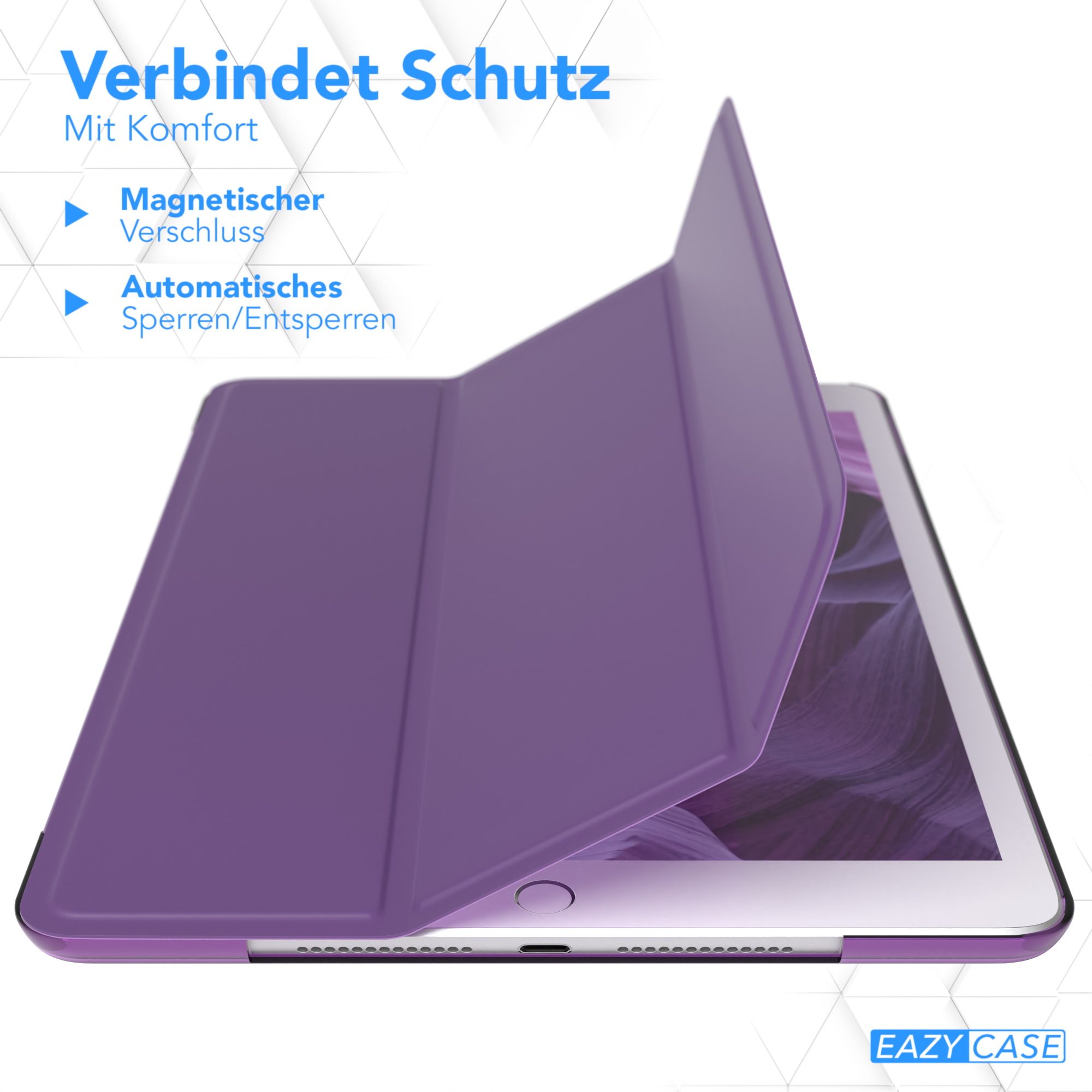 Eine lila Tablethülle mit offenem Deckel, die das Tablet zeigt. Text über Schutz und Komfort ist vorhanden.