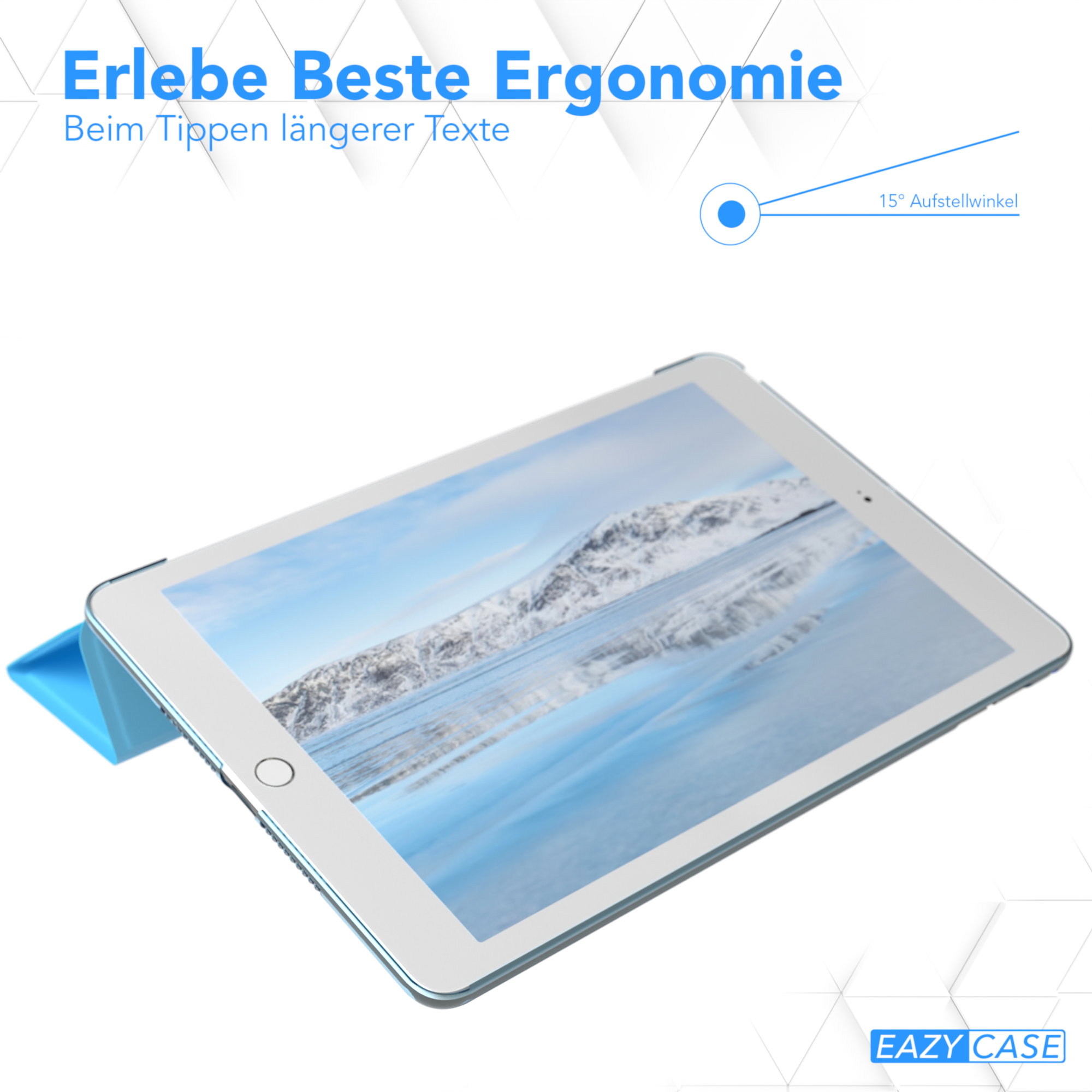 Tablet auf blauem Ständer, Bildschirm zeigt ruhige See-Szene. Text: „Erlebe Beste Ergonomie“. Eazy Case Logo.