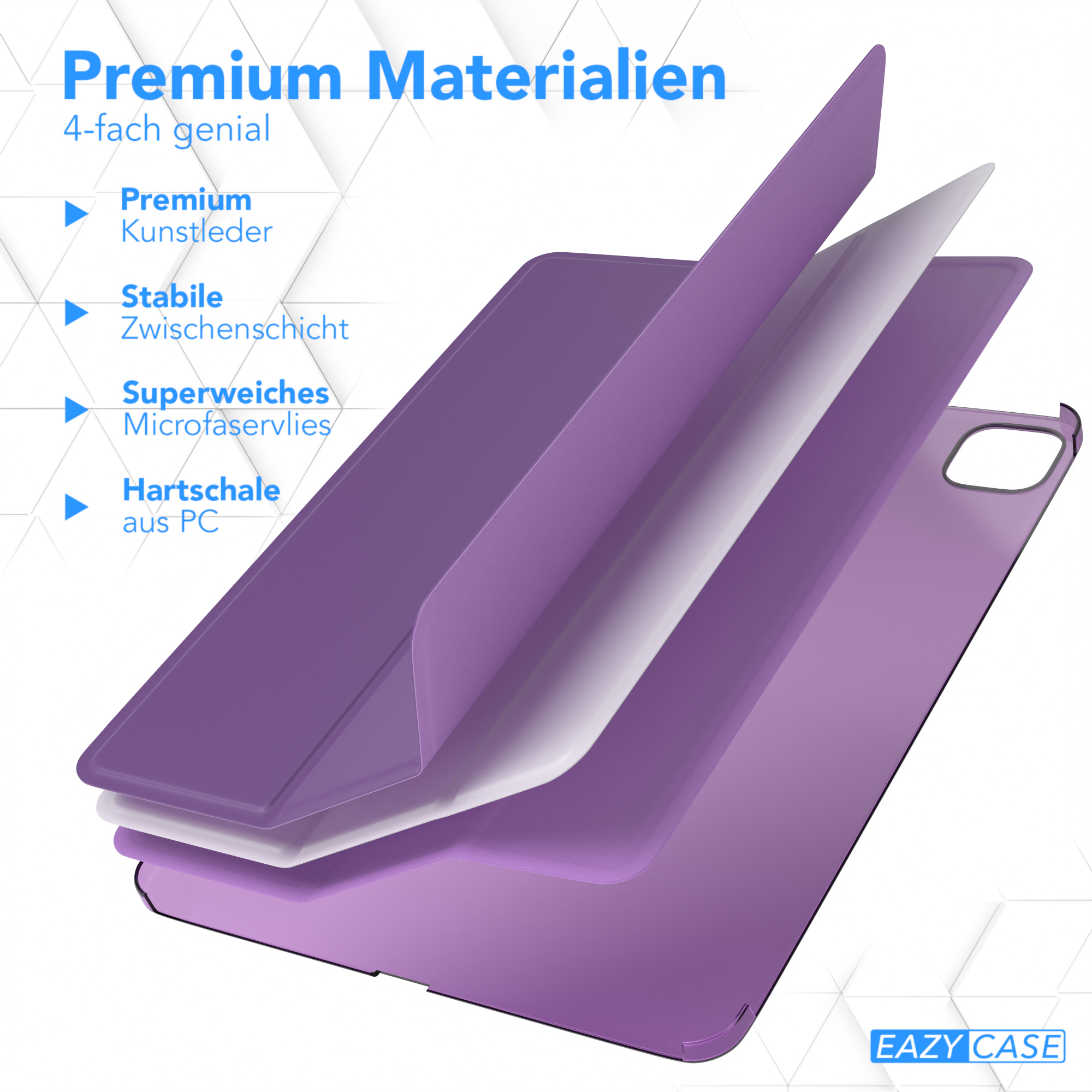 Lila Tablethülle mit Materialschichten. Text enthält 'Premium Materialien' und das Logo 'EAZY CASE'.