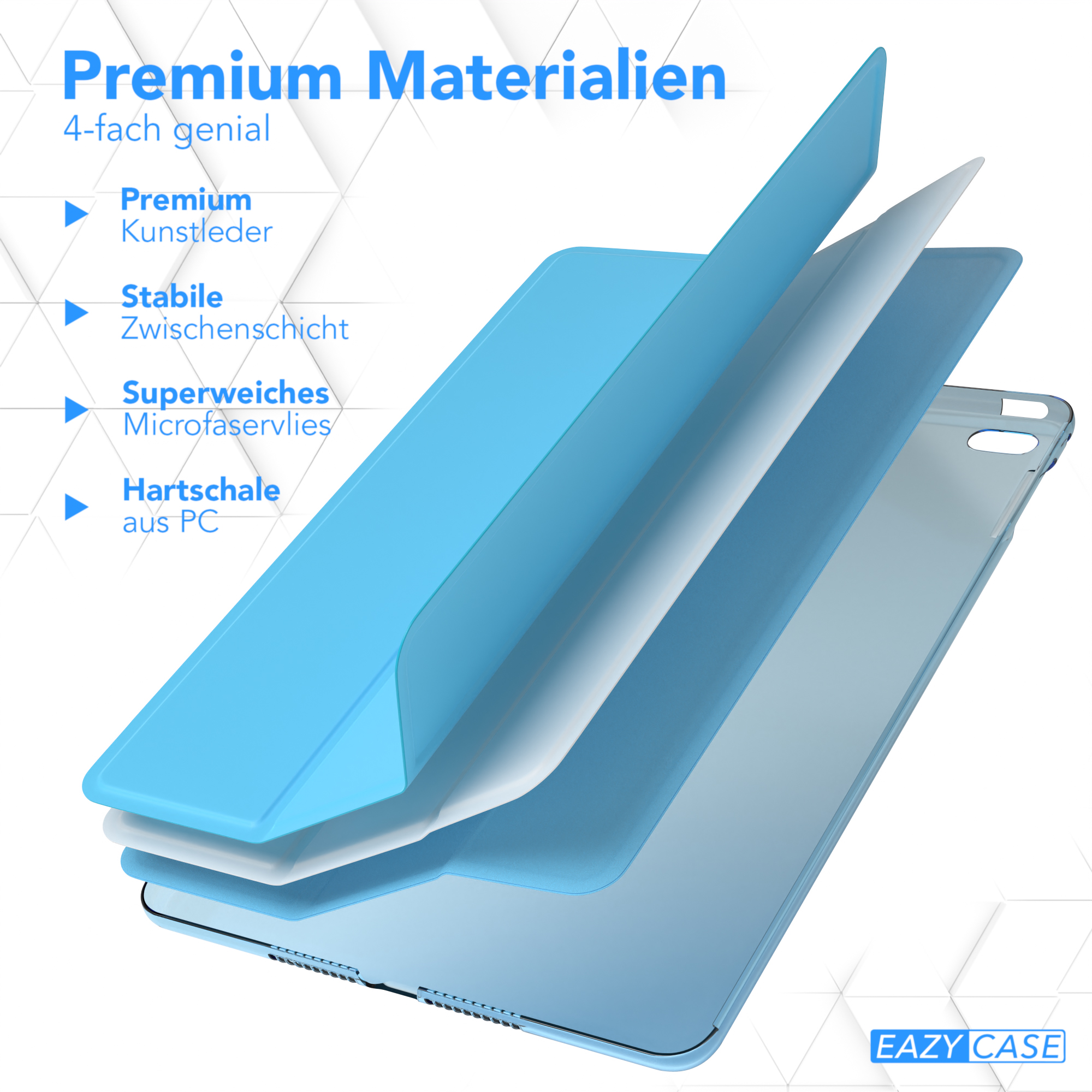 Materialschichten. Blaue, hellblaue und transparente Schichten. Text: Premium-Materialien.