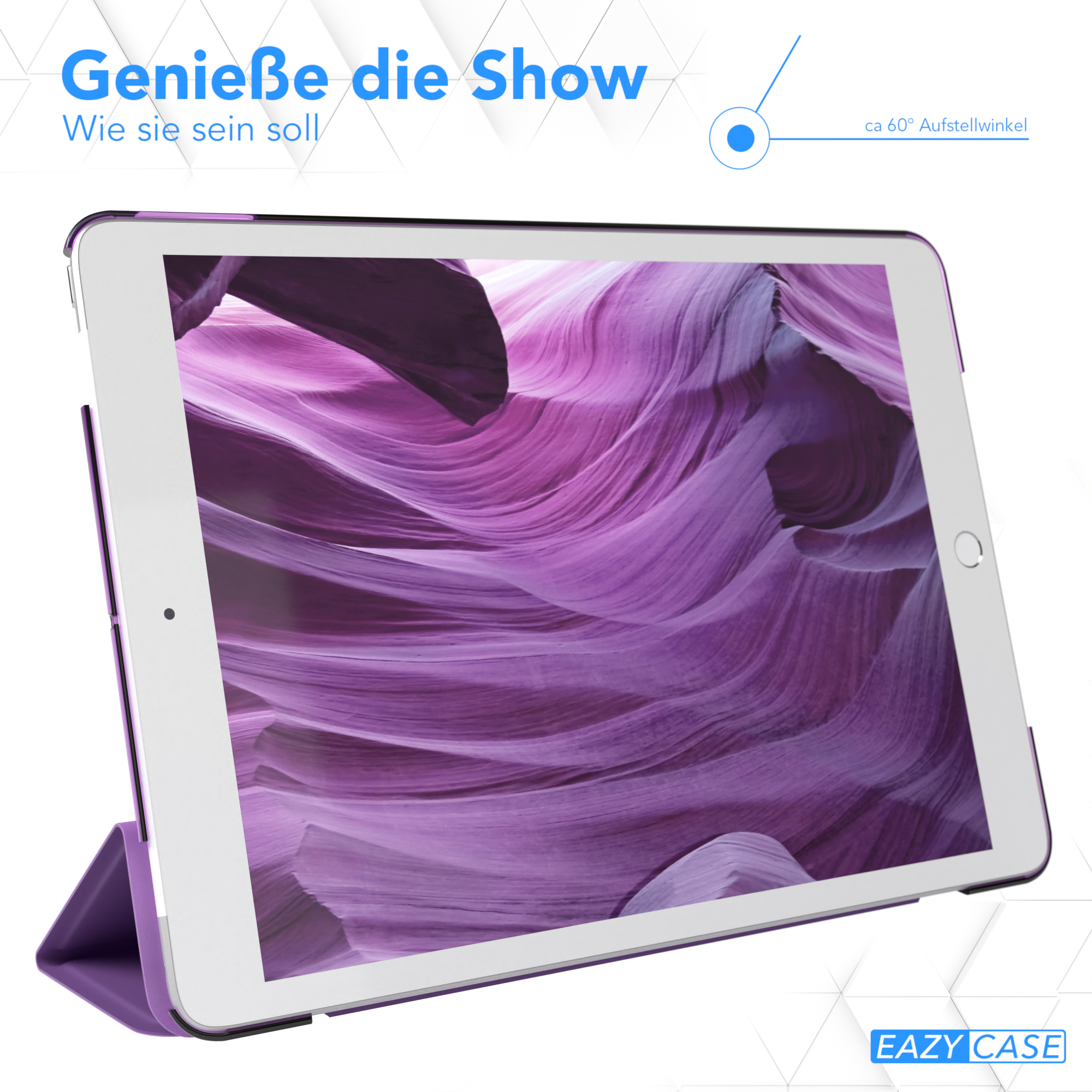 Tablet in lila Hülle, auf Ständer angewinkelt, Canyon-Bild. Blauer Punkt zeigt den Winkel an.