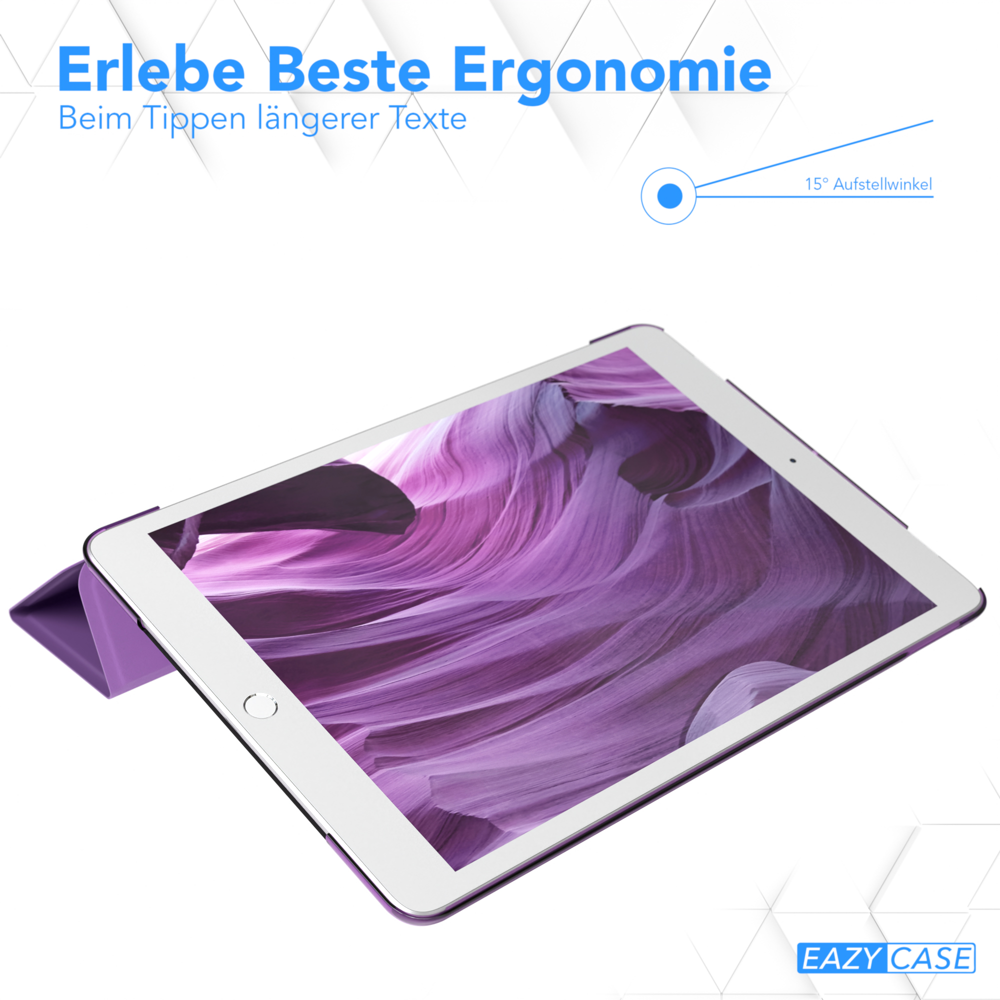 Ein iPad in einer schwarzen Hülle, das seine Abdeckung mit Magnetverschluss und Verriegelungsfunktion zeigt.