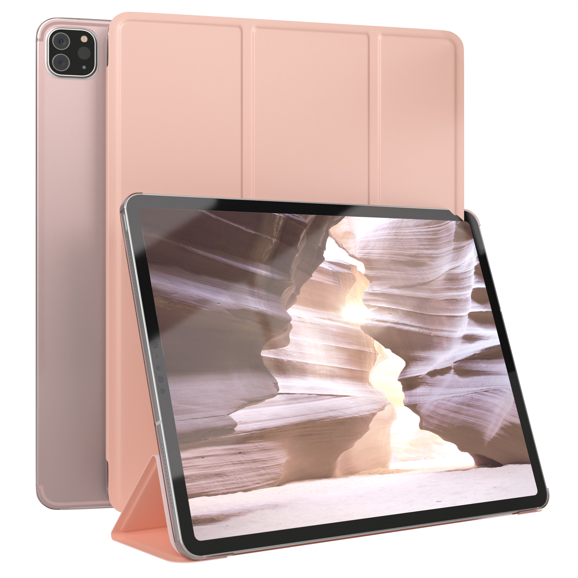 Rosa iPad mit Hülle, zeigt ein Canyon-Bild. Die Hülle ist offen und stützt das Tablet.