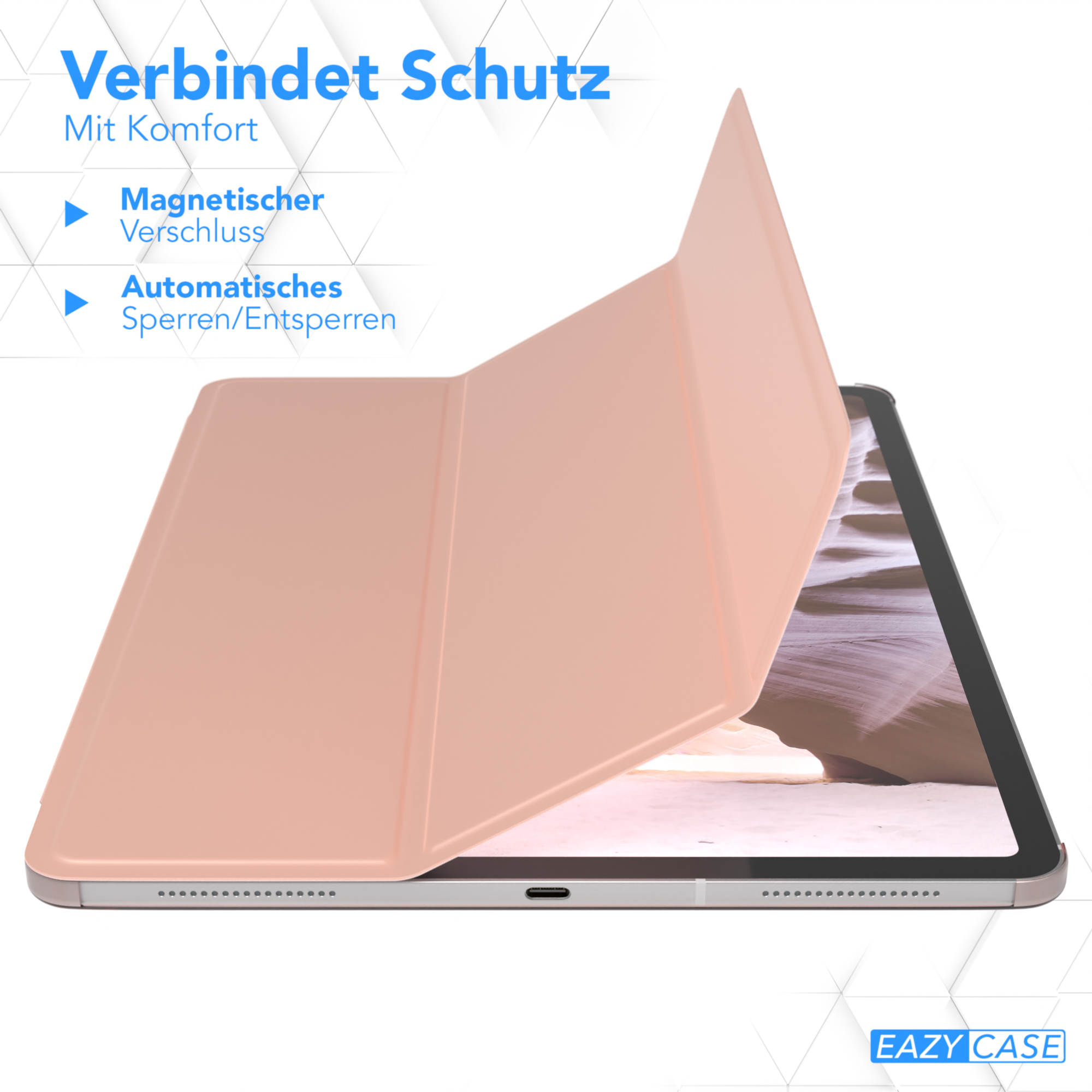 Tablet-Hülle in Pink. Zeigt Magnetverschluss und Auto-Lock/Unlock. Eazy Case Logo. Auf Tablet geöffnet.