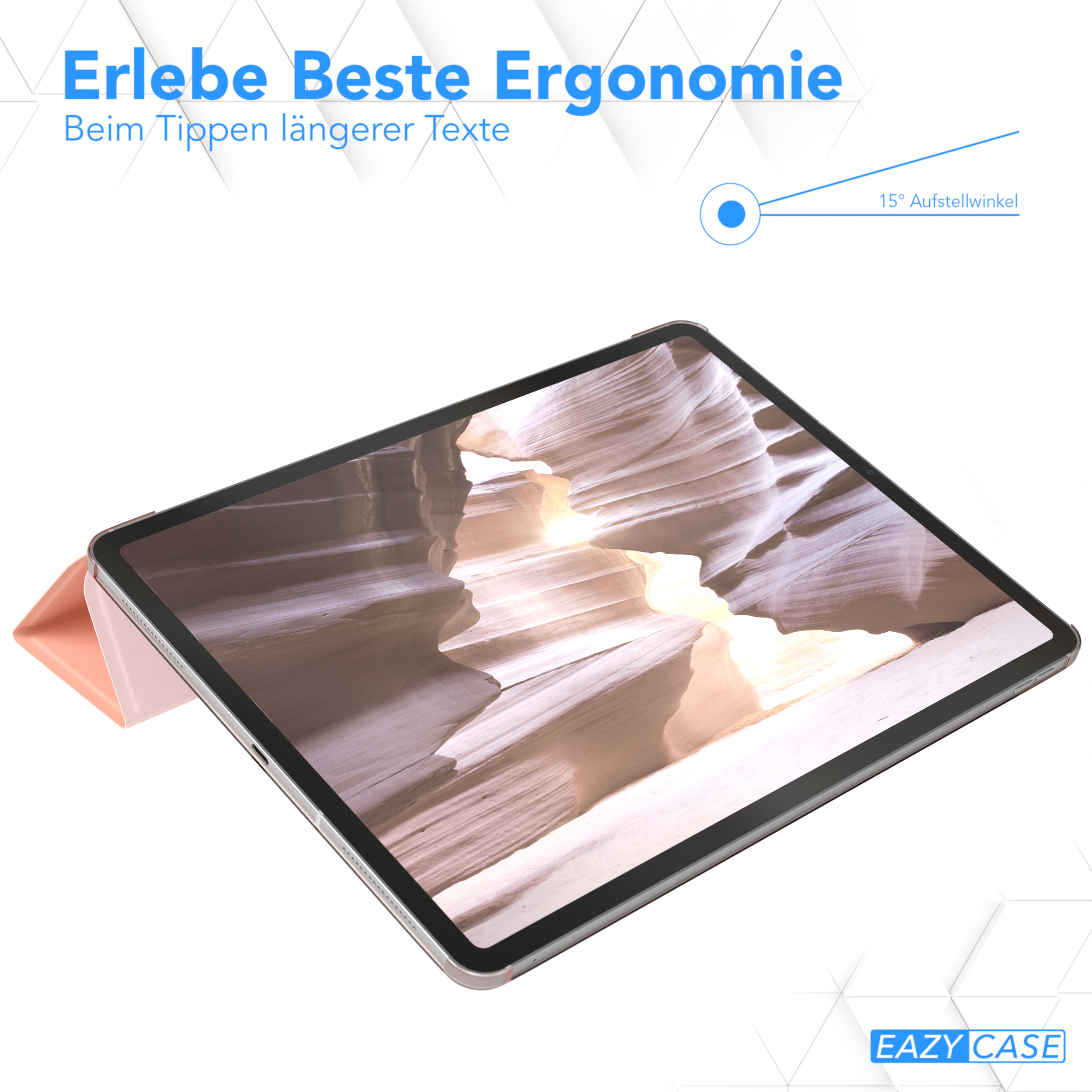 Ein iPad in einer Hülle, abgewinkelt, um den Bildschirm zu zeigen. Der Text sagt: 